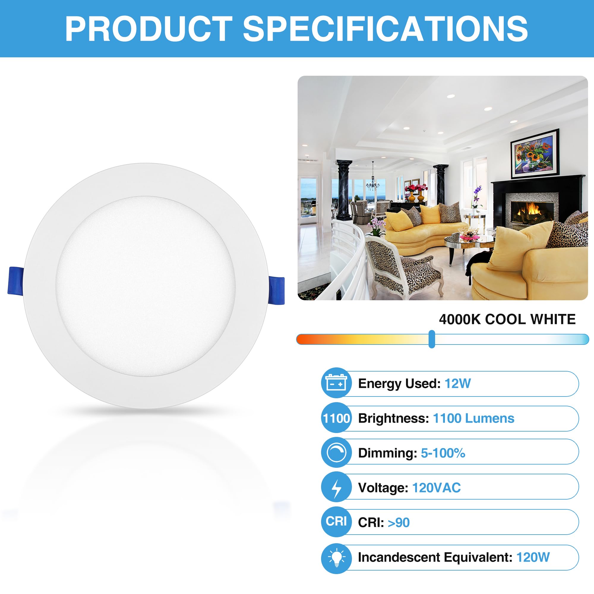 Ecoeler 6 Inch Ultra-Thin Led Recessed Lighting With Junction Box, 12W 4000K Cool White, Dimmable Can-Killer Downlight, 1100Lm H