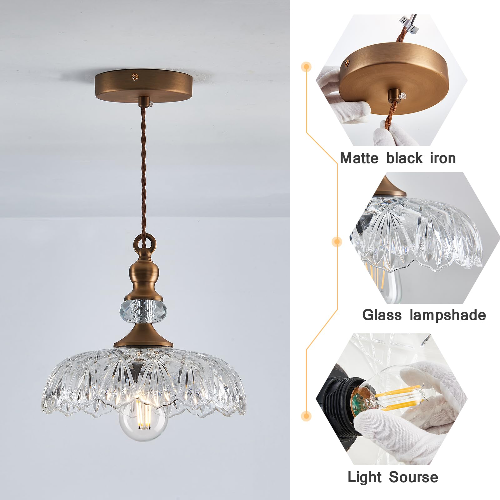 Vintage Glass Pendant Light Fixture 3-Pack Brass Modern Adjustable Chandelier Farmhouse Hanging Ceiling Light For Hallway Porch