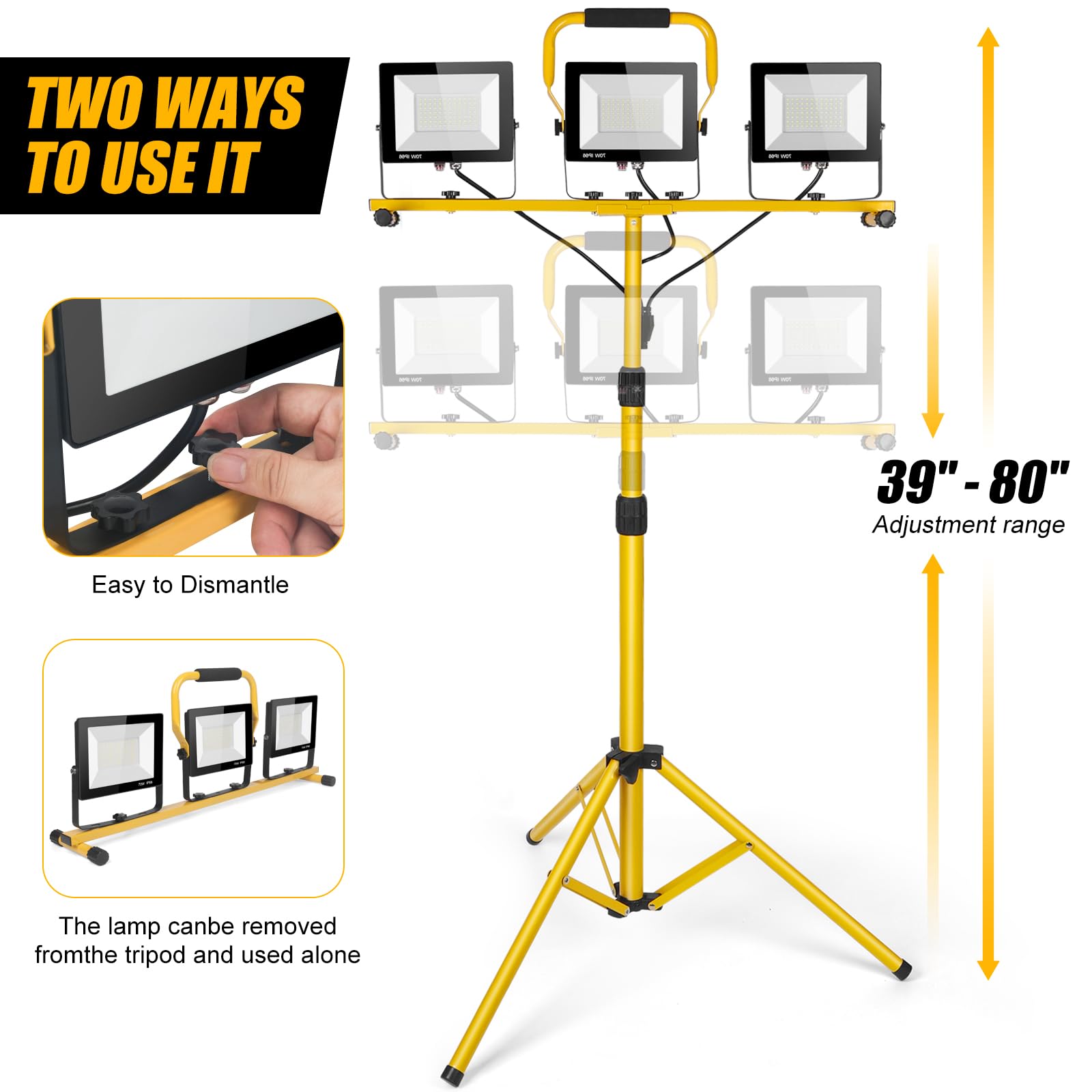 21000Lumen Led Work Lights With Stand - 3 Head Portable Work Light On Stand - Ip66 Waterproof Tripod Worklights For Outdoor Indoor Job Site Workshop Garage Construction Site Lighting
