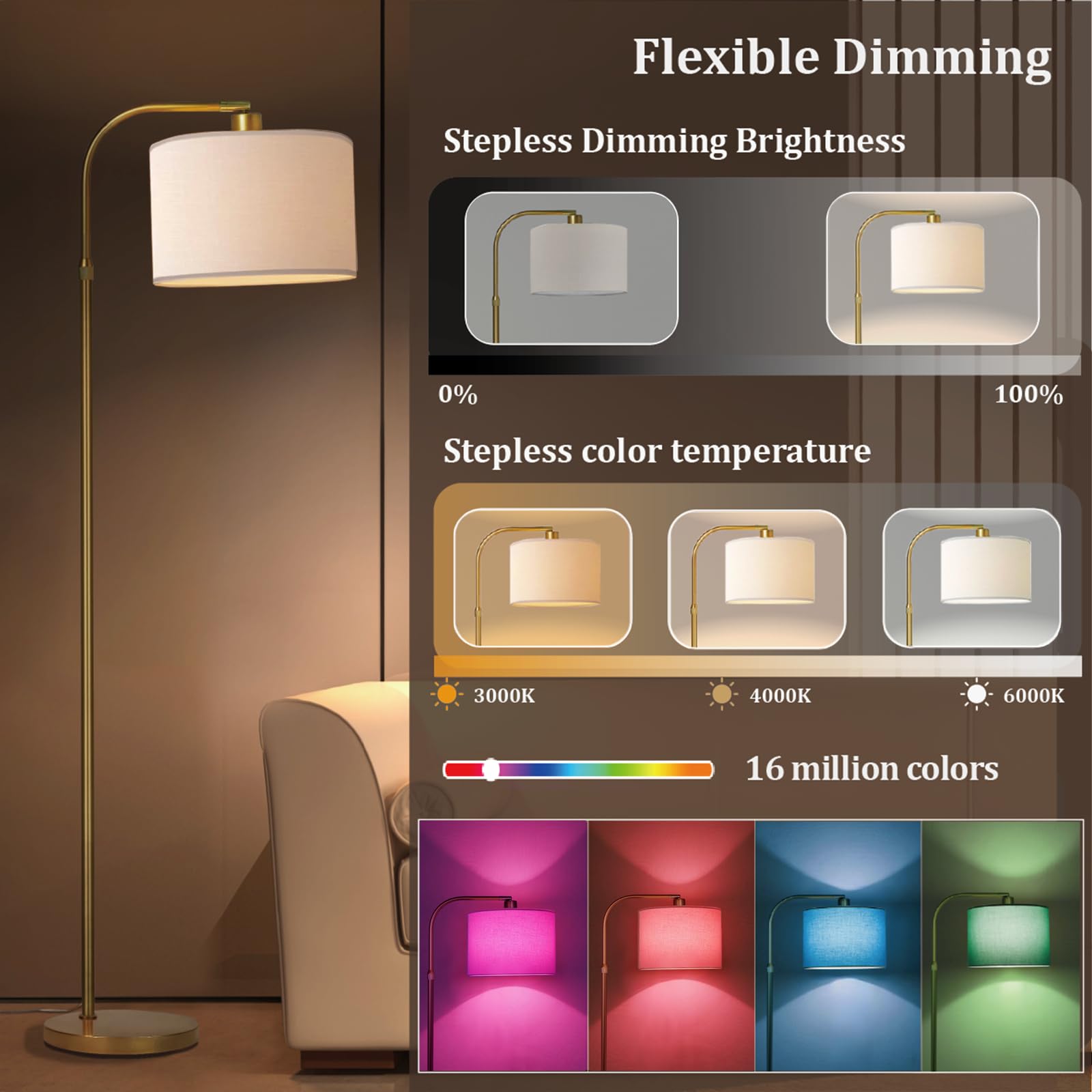 FINNCHY Gold Arc Floor Lamp with Remote Control, 1200 Lumens Dimmable, Modern Design for Living Room/Bedroom, Model AL620G