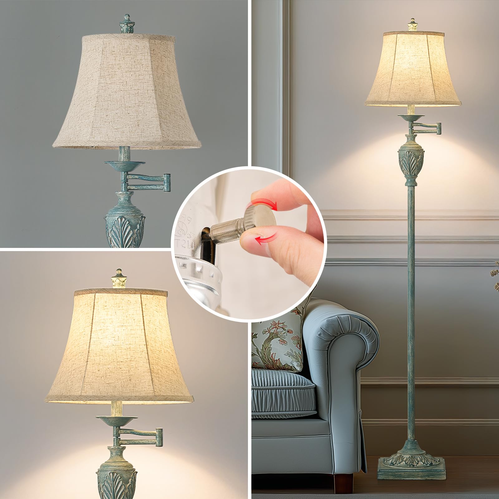AIDENOEY Traditional LED Floor Lamp, 350° Adjustable Swing Arm, Antique Green, Model HYFLOOR007, Rustic Upright Light for Living Room, Bedroom