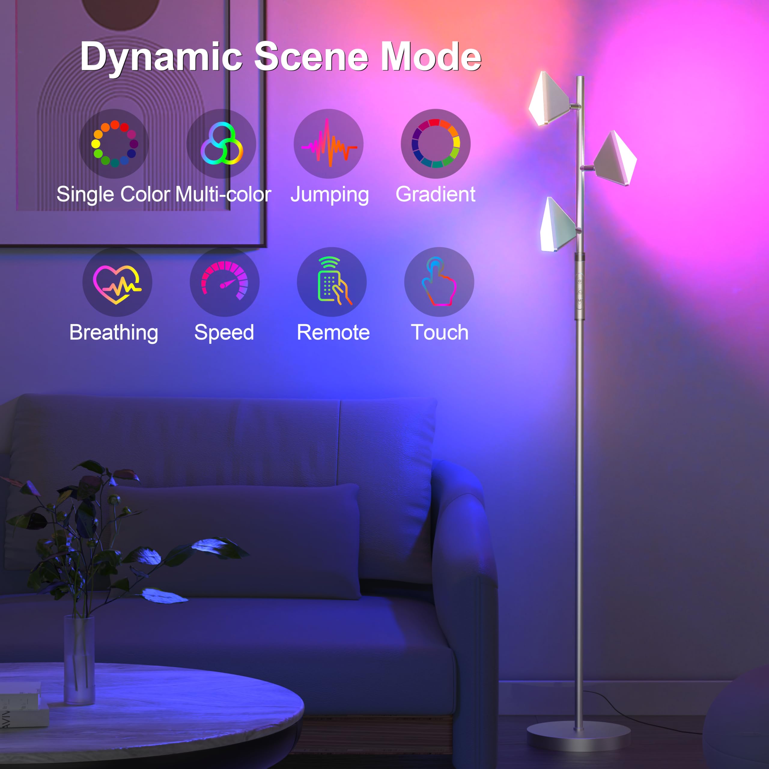 PARTPHONER RGB Tree Floor Lamp, Stepless Dimmable, Remote & Touch Control, Metal, Silver, Model FLA-036-A2-Silver