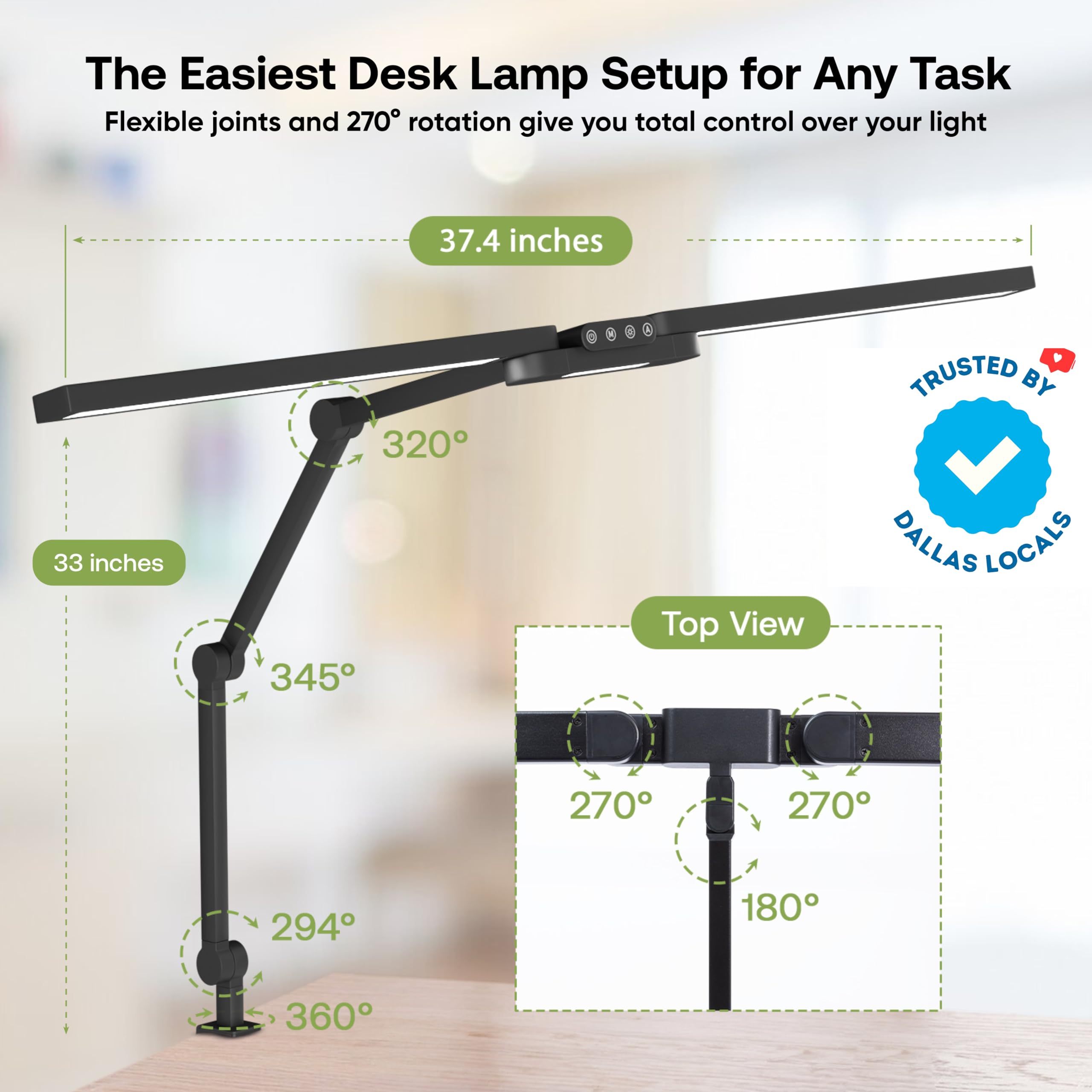 The Housery Led Desk Lamp - Modern Led Desk Lamp For Home Office W/Clamp, Architect-Style Adjustable Arms, Wide Monitor Light Ba