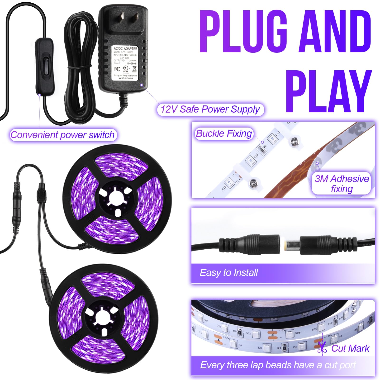 SHGPODA LED Black Light Strip Kit, 66ft/20M, 1200 Lamp Beads, 12V Flexible, Non-Waterproof, Black, Model SPD-D20-UV