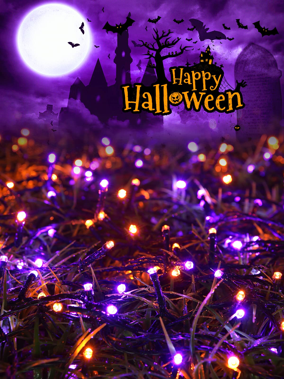 Flacchi Solar Halloween Lights, 2 Pack, 400 LED, Waterproof Outdoor String Lights, Orange & Purple, 144ft, 8 Modes