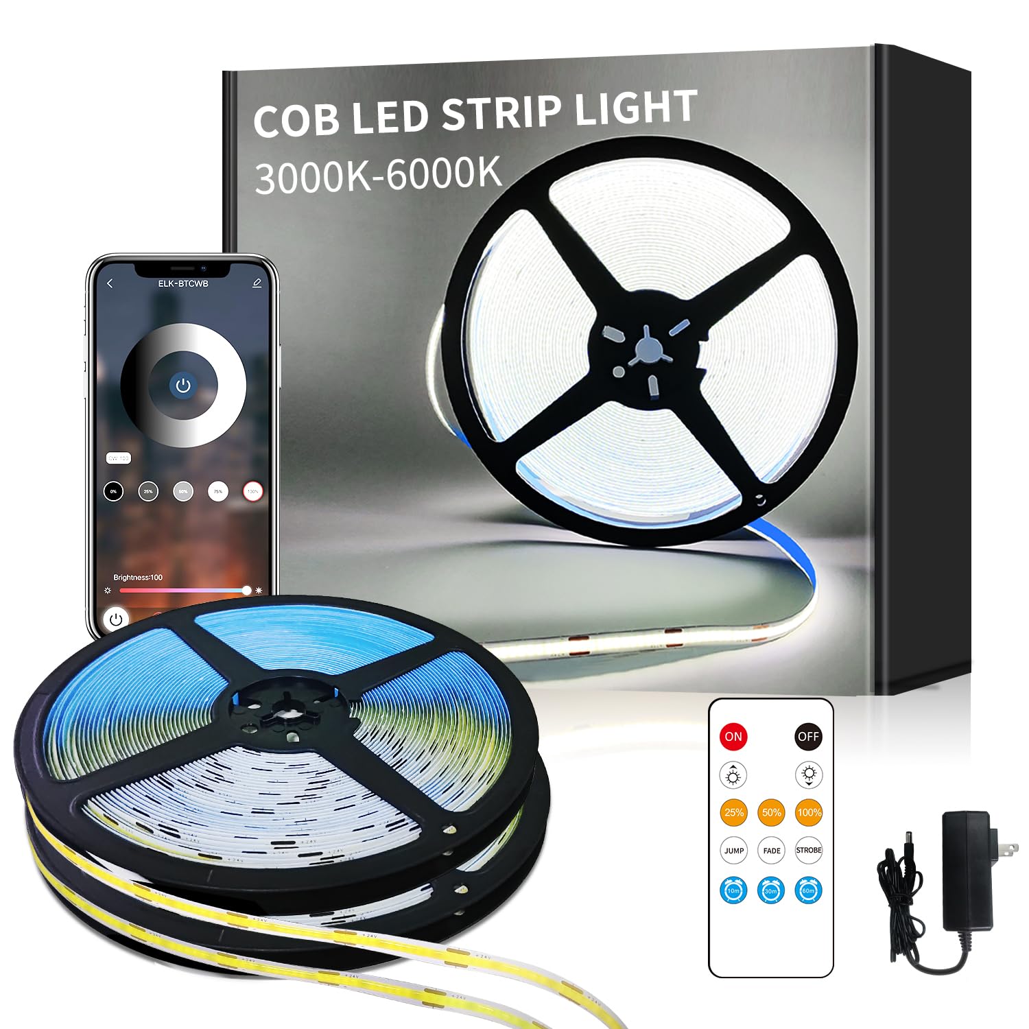 Yeewhale Cob Led Strip Lights 100Ft,6000K Dc 24V Dimmable White Flexible Led Lights Strip For Bedroom,With Remote And App Control Led Rope Lights For Living Room,Shelf,Cabine,Bed