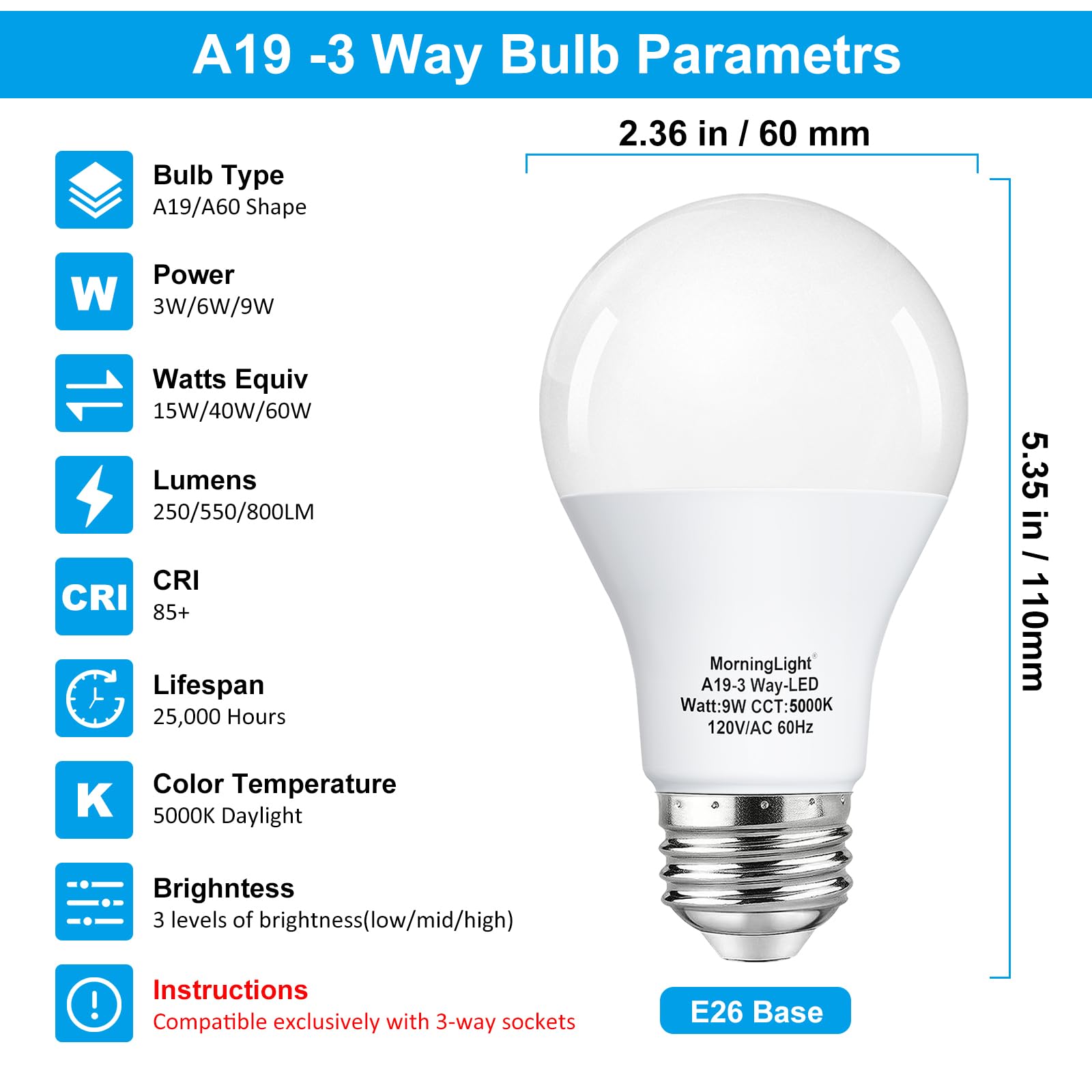 Morninglight A19 3-Way Led Light Bulbs 15 40 60Watt Equivalent, Daylight 5000K, E26 Medium Base, 9W A19 Three Way Light Bulbs Fo
