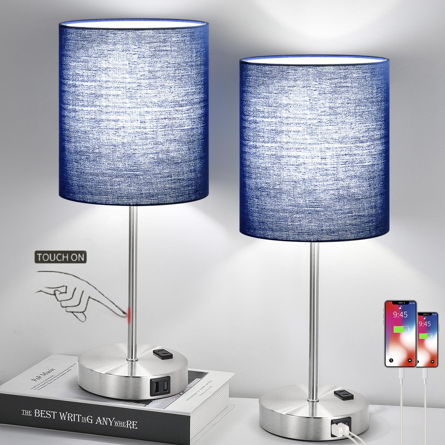 Lynnoland Set of 2 Touch Control Table Lamps, 3-Way Dimmable, USB & AC Outlets, Navy & Brushed Nickel, Model T3476