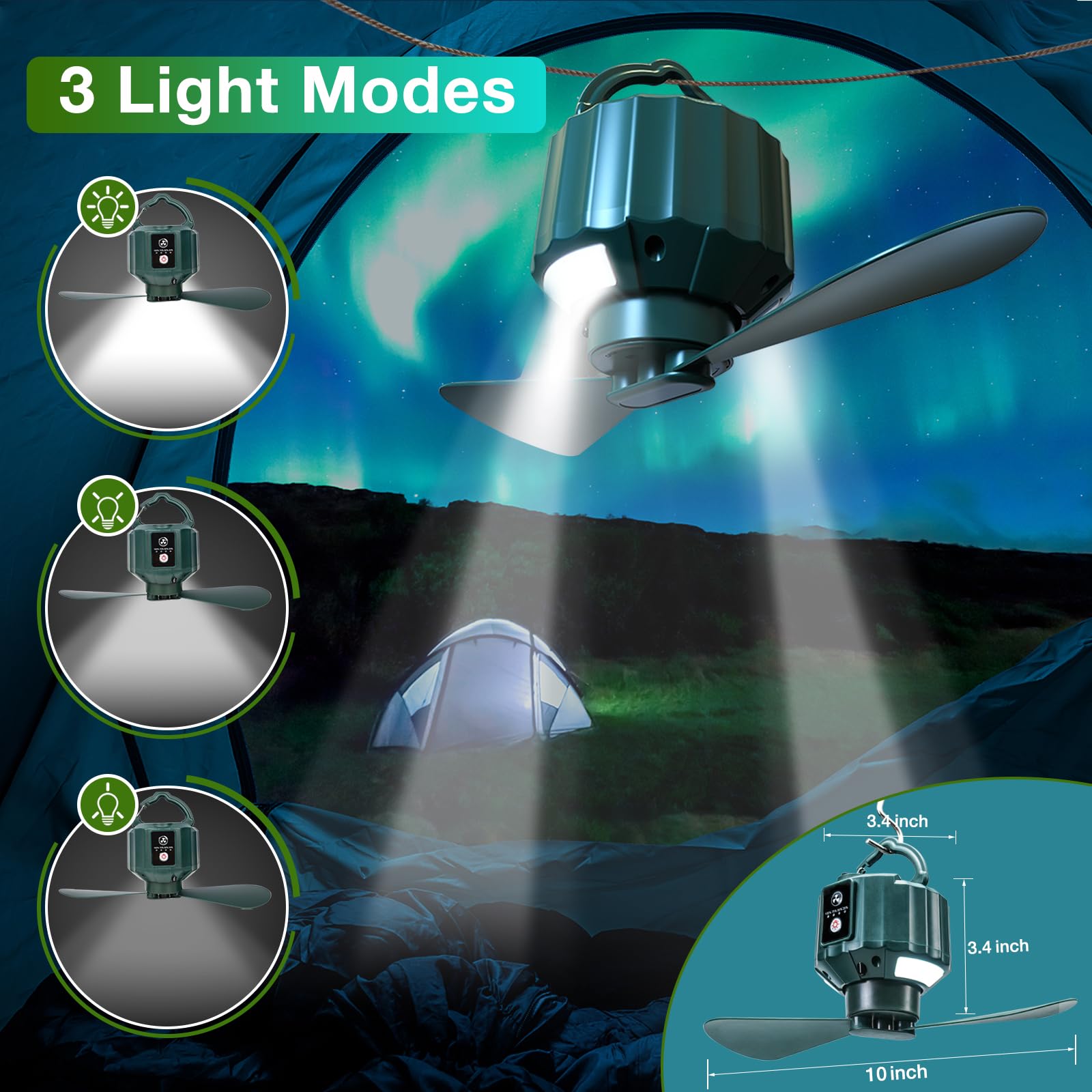 DUKUSEEK Portable Tent Ceiling Fan with Light & Remote, Small Green, USB Battery Operated, Model X15, Perfect for Camping & RV