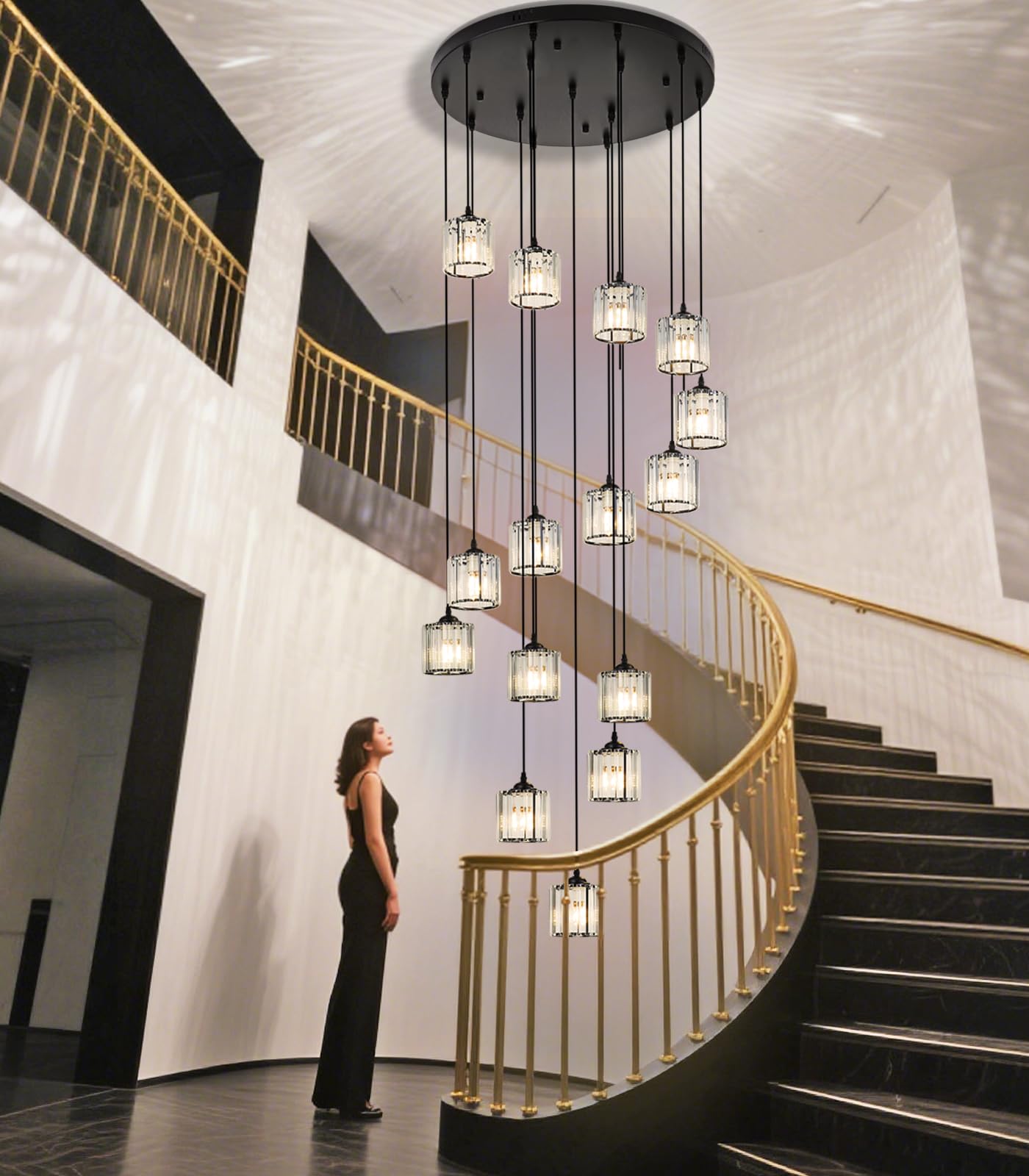 Meimond Modern Crystal Pendant Light, 15 Lights, Black Metal, Raindrop Design for High Ceilings, Foyer, Living Room, Model LTD-10