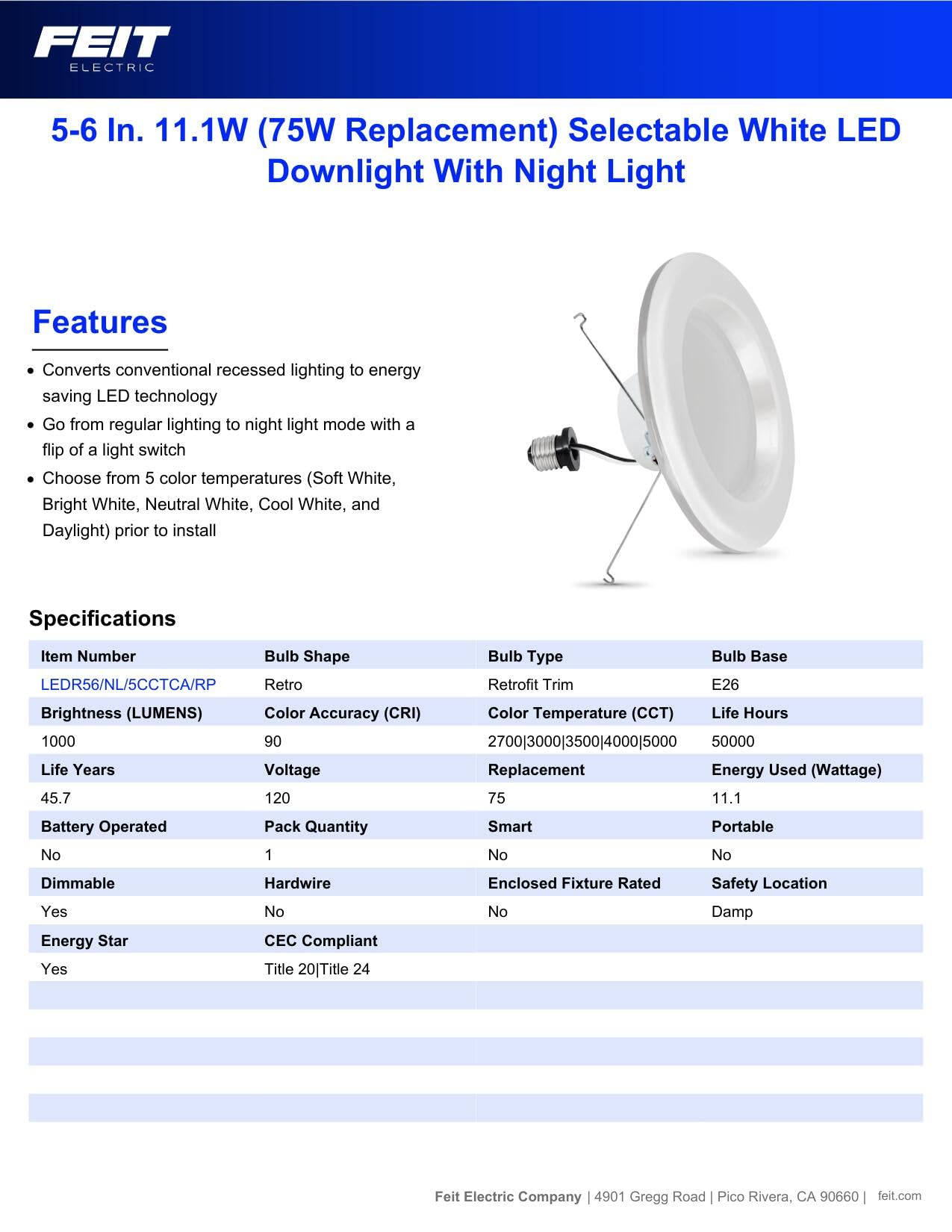 Feit Electric 5-6&quot; Led Recessed Downlight With Night Light Mode, 75W Equivalent, Dimmable, 5Cct Selectable White, 90 Cri, 1000 Lumens, 45 Year Lifetime, Ledr56/Nl/5Cctca/Rp