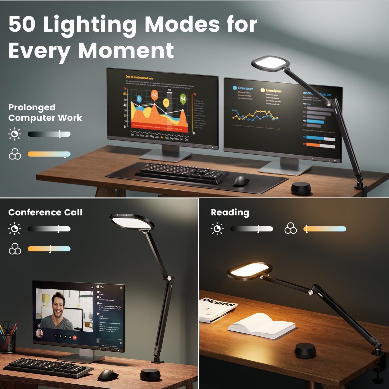 Litones Led Desk Lamps For Home Office, Double-Sided Dimmable Desk Light With Clamp And Remote Control, Swing Arm Architect Desk