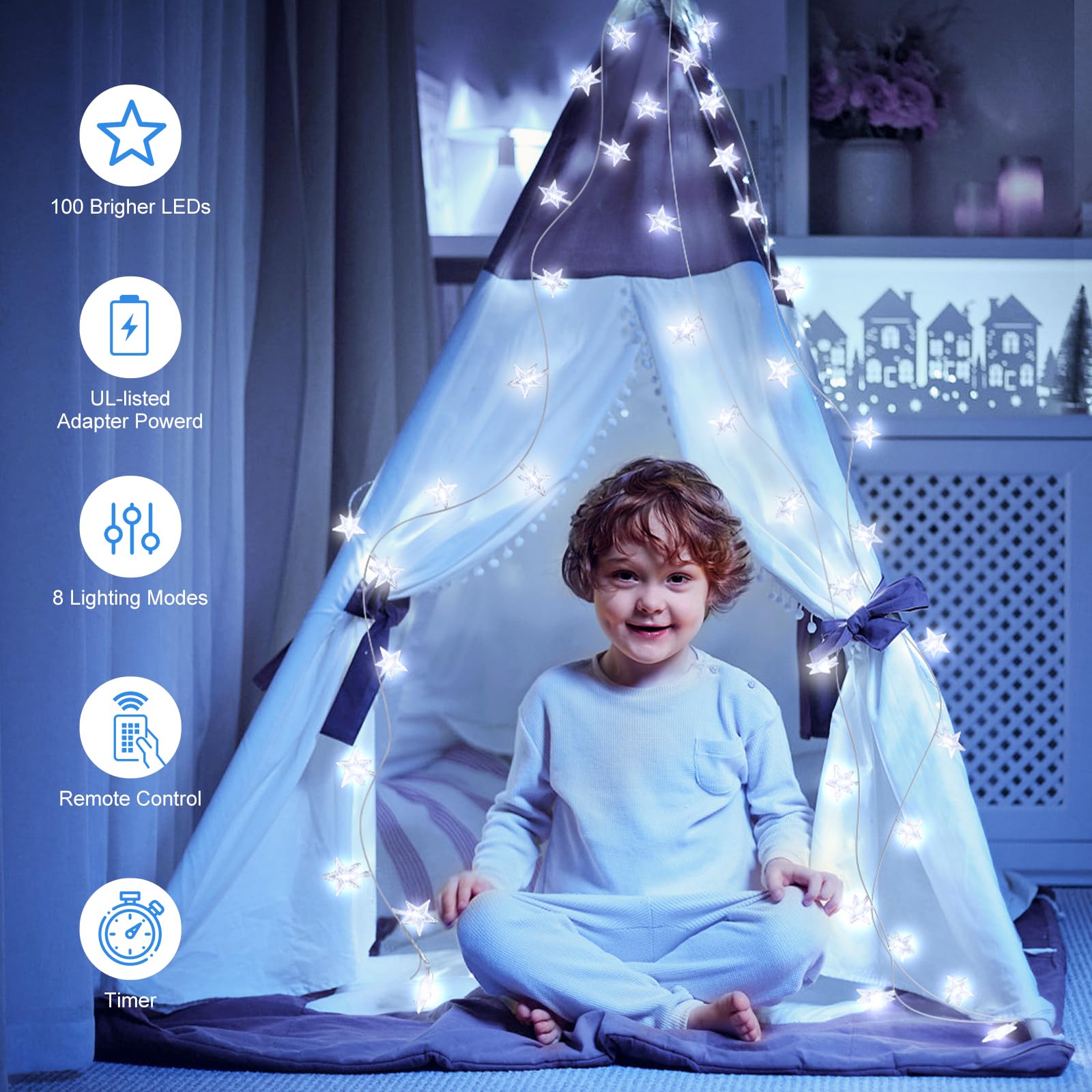 Minetom Star String Lights - 33 ft, 100 LED, Remote & Timer, 8 Modes, Waterproof, White
