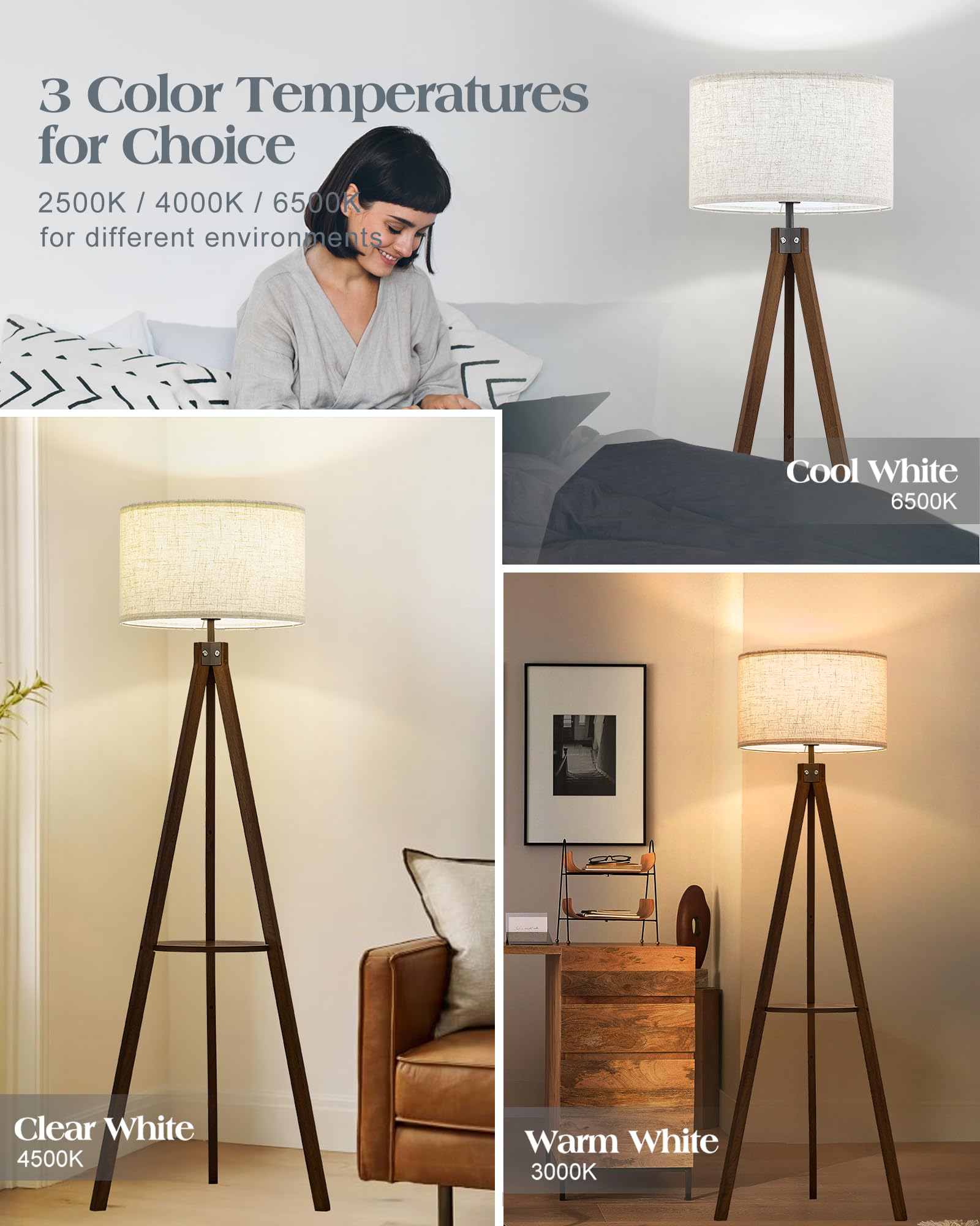 Elyona Wood Tripod Floor Lamp With Table, Shelf Standing Light With 3 Color Temperatures Led Bulb, Mid Century Modern Wooden Tal