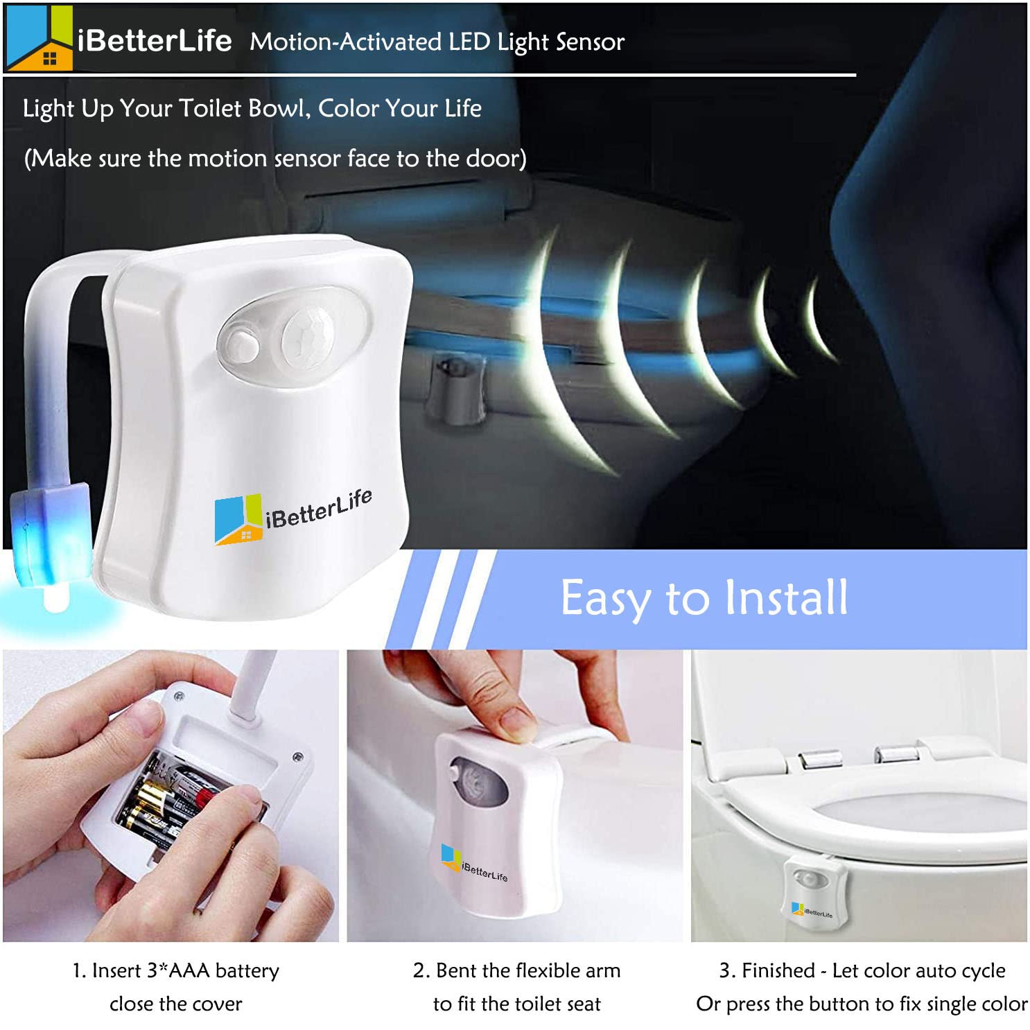 iBetterLife Toilet Light Motion Sensor - 8 Color Changing LED Night Light for Bathroom, 2-Pack, Original Design