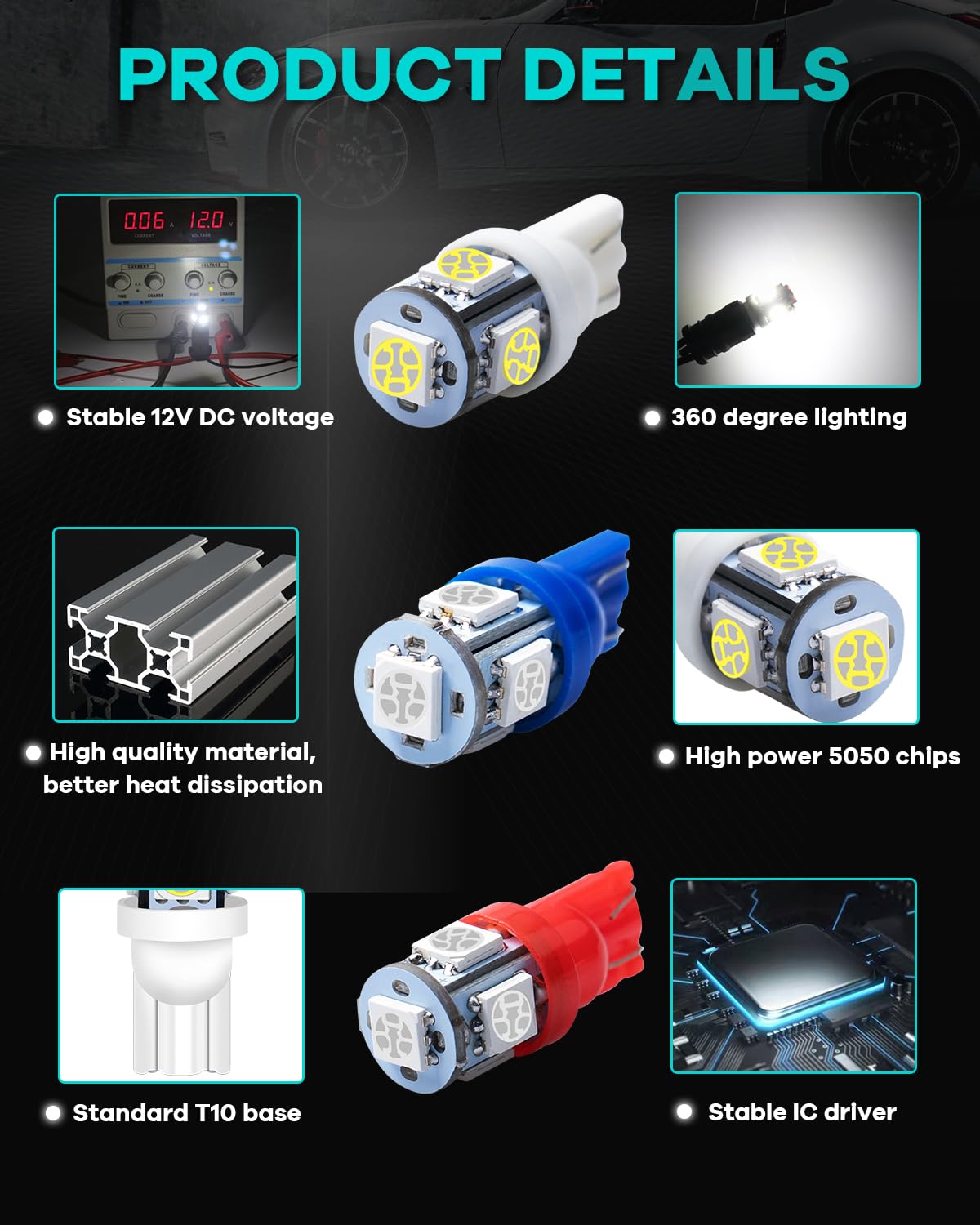Alopee 30-Pack T10 LED Bulbs, 5SMD-5050, 12V DC, Mixed Colors for Car Interior Lighting
