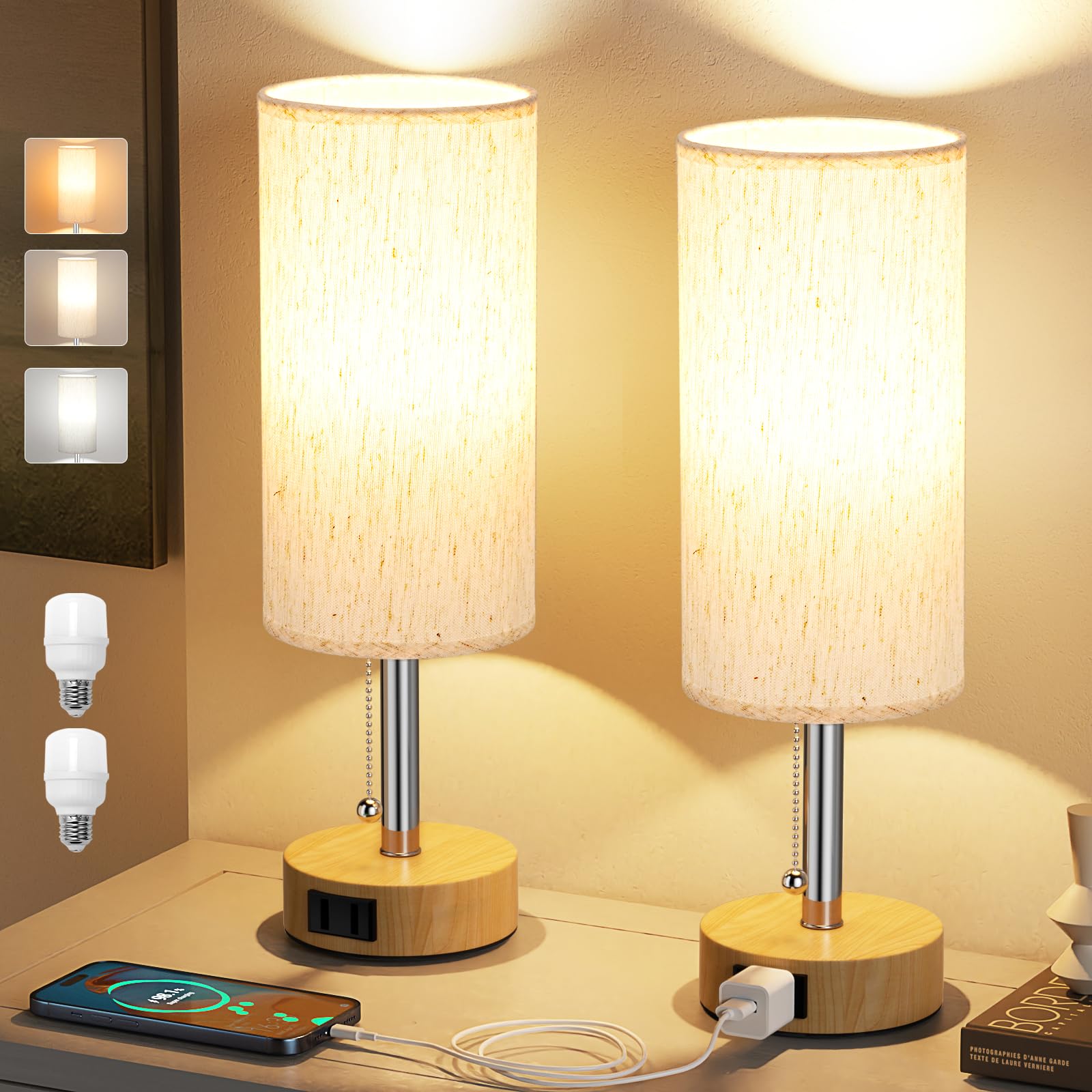 Fenmzee Wood Grain Bedside Table Lamps Set of 2-3 Color Temperatures Pull Chain Lamp with AC Outlet Charging Port, Round Night S