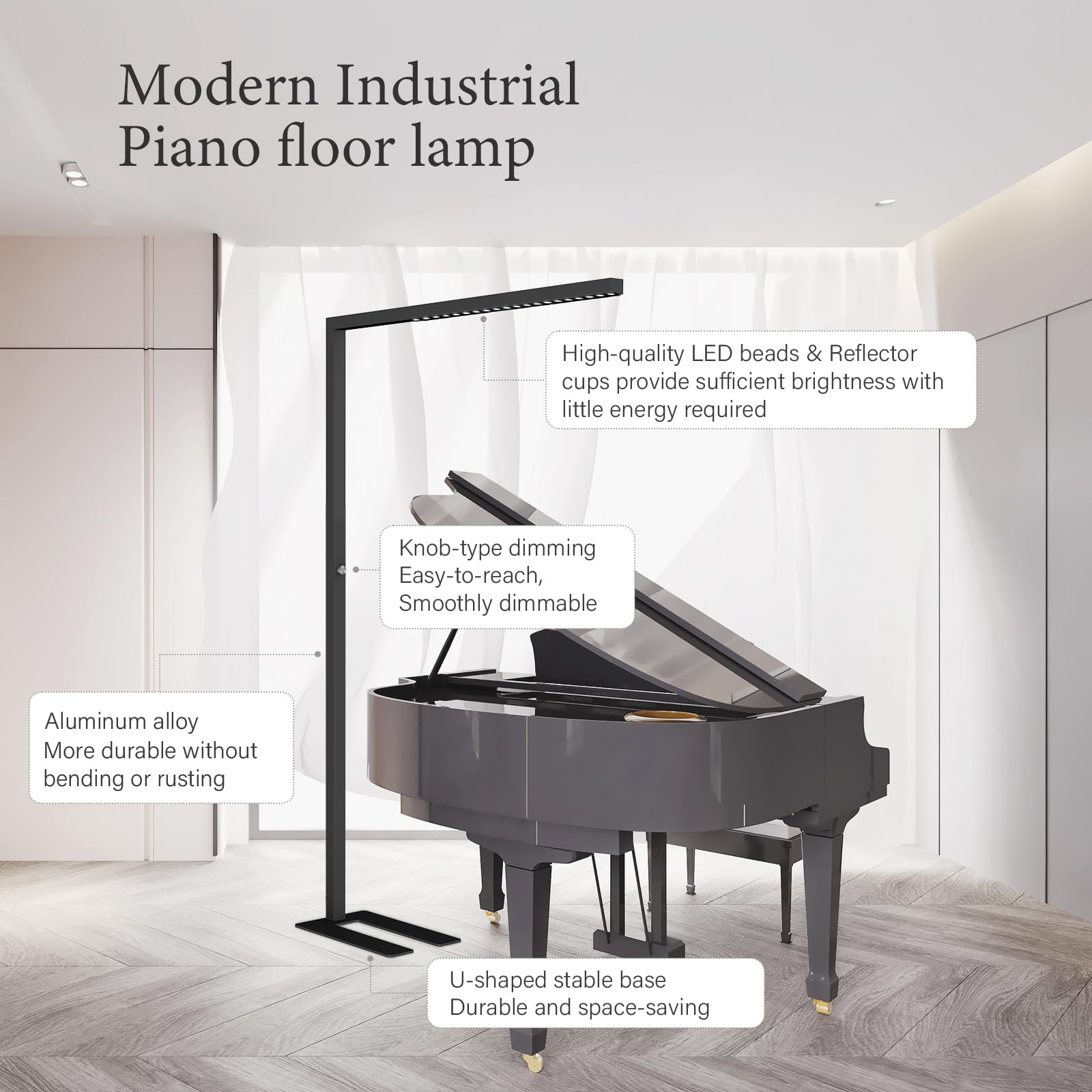 STERREN 77" LED Floor Lamp - 7350LM Dimmable Eye-Care Light, Modern Black Reading Lamp for Office & Living Room, Model NECO-02B-AM