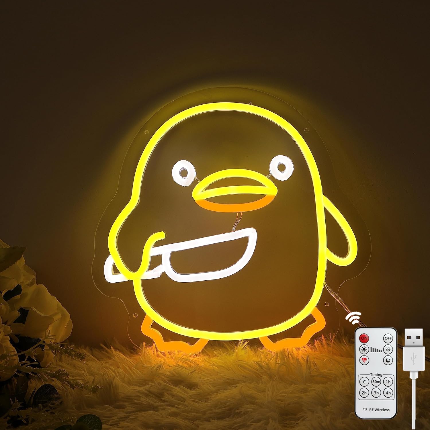 Housignz Neon Sign - Dimmable USB Powered Yellow Duck, 11x11in, Silicone, Cute LED Light for Kids Bedroom, Game Room, Home Bar