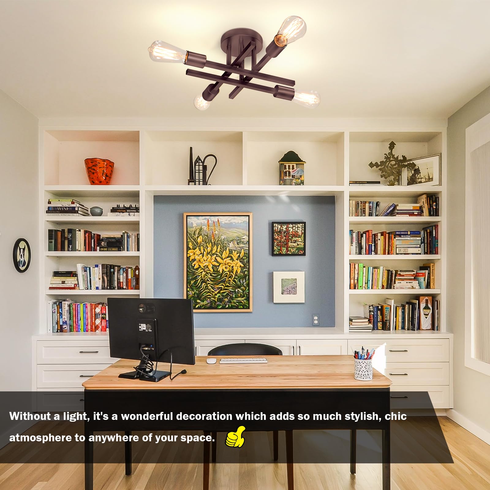 4-Light Semi Flush Mount Ceiling Light Fixture, Oil Rubbed Bronze Modern Industrial Sputnik Chandelier Light Fixture, Metal Flus