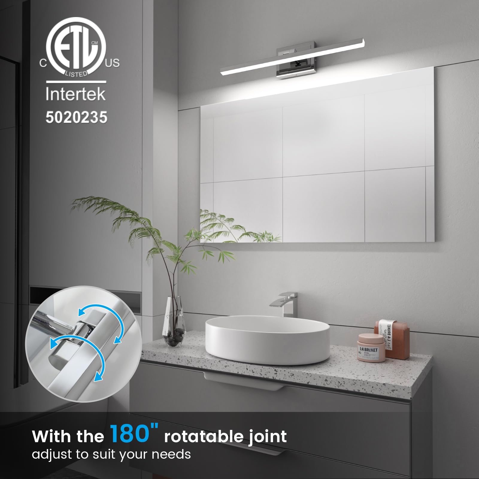 VOLISUN Bathroom Vanity Light Fixture, 24 inch, 14W Dimmable, Chrome, ETL Certified, Model 21321ZM, Rotatable, Acrylic