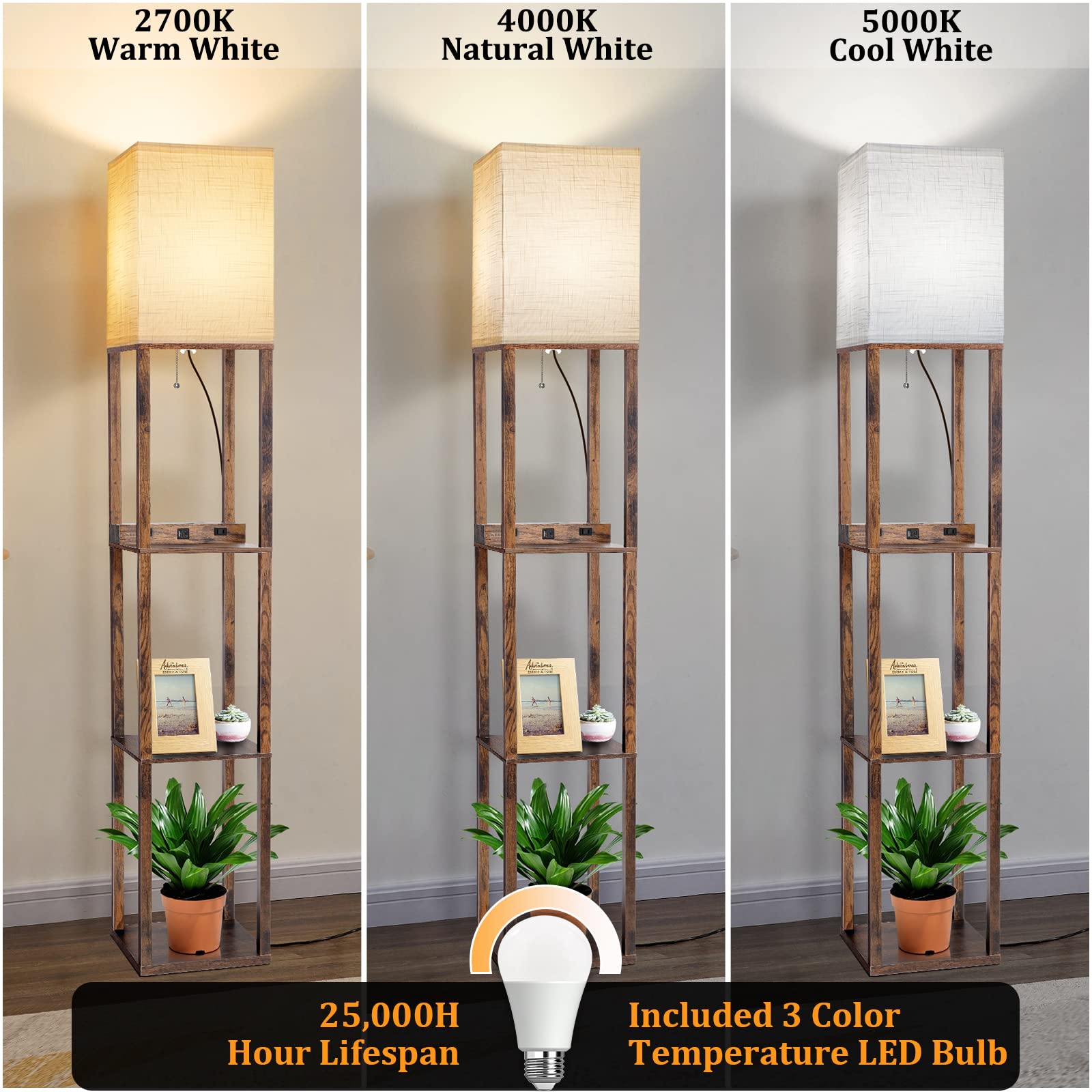 Dott Arts Floor Lamp with Shelves, Wireless Charger, USB Ports, 10.2" Wide, Brown, Model WLM1600-FLA-8W-06