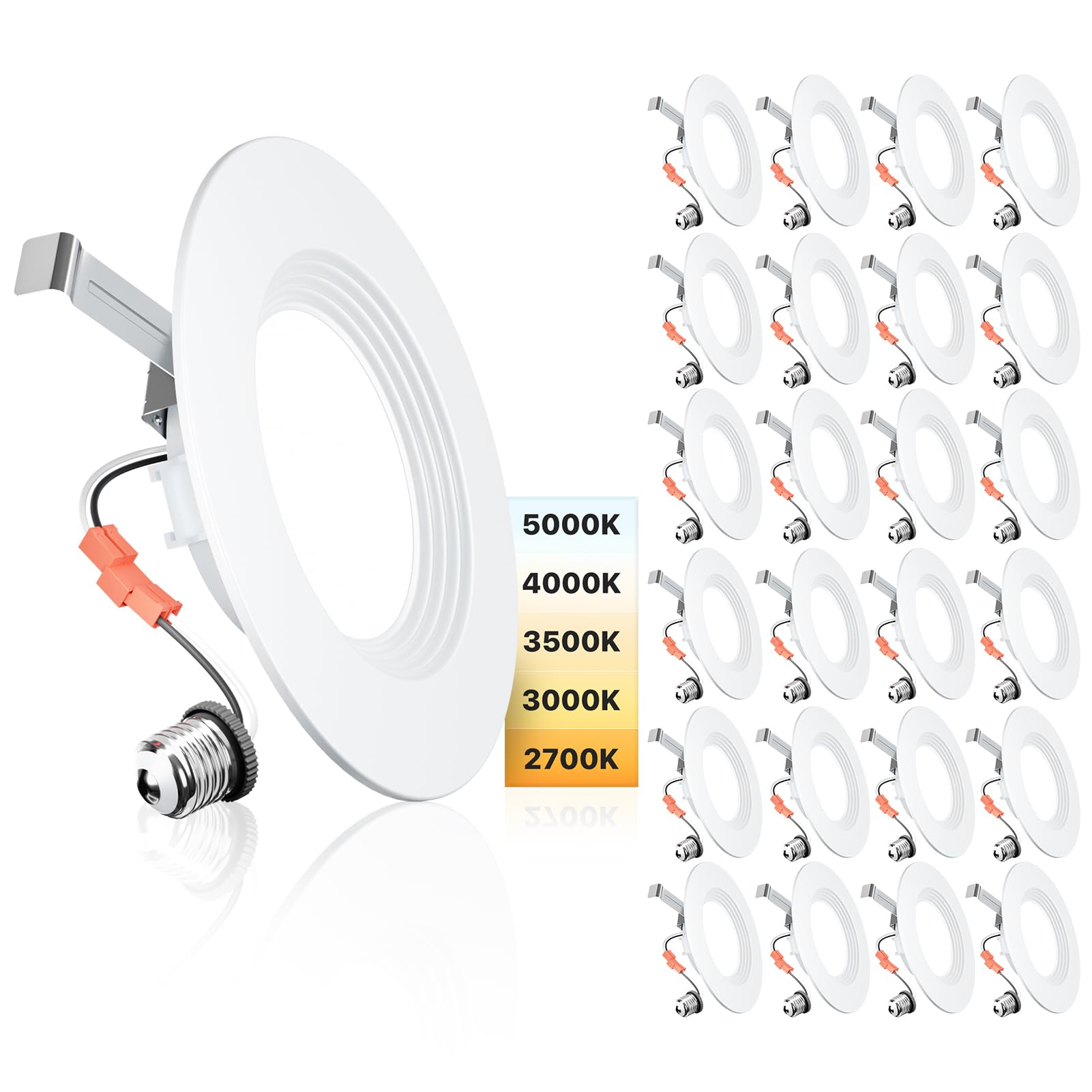Ensenior 5/6 Inch 5CCT LED Can Lights 24 Pack, Retrofit Led Recessed Lighting, Baffle Trim, Dimmable, 9W=110W, 1000LM, 2700K/300