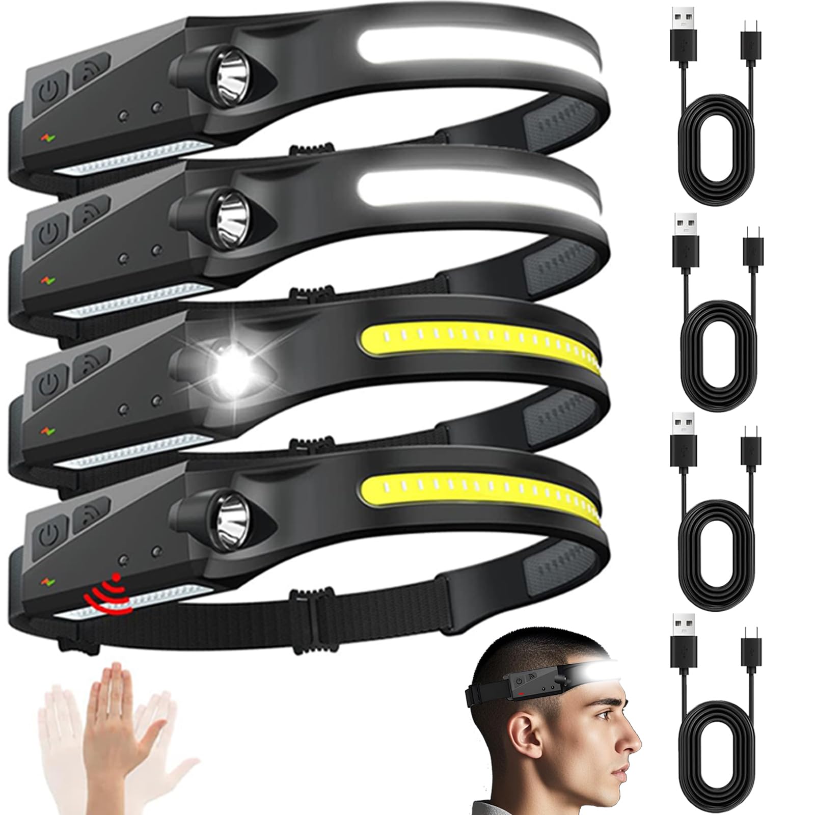 Rechargeable Headlamps With Motion Sensor 4Pcs, 230 Wide Beam Led Head Lamp Rechargeable Battery Powered, Bright Forehead Adjust