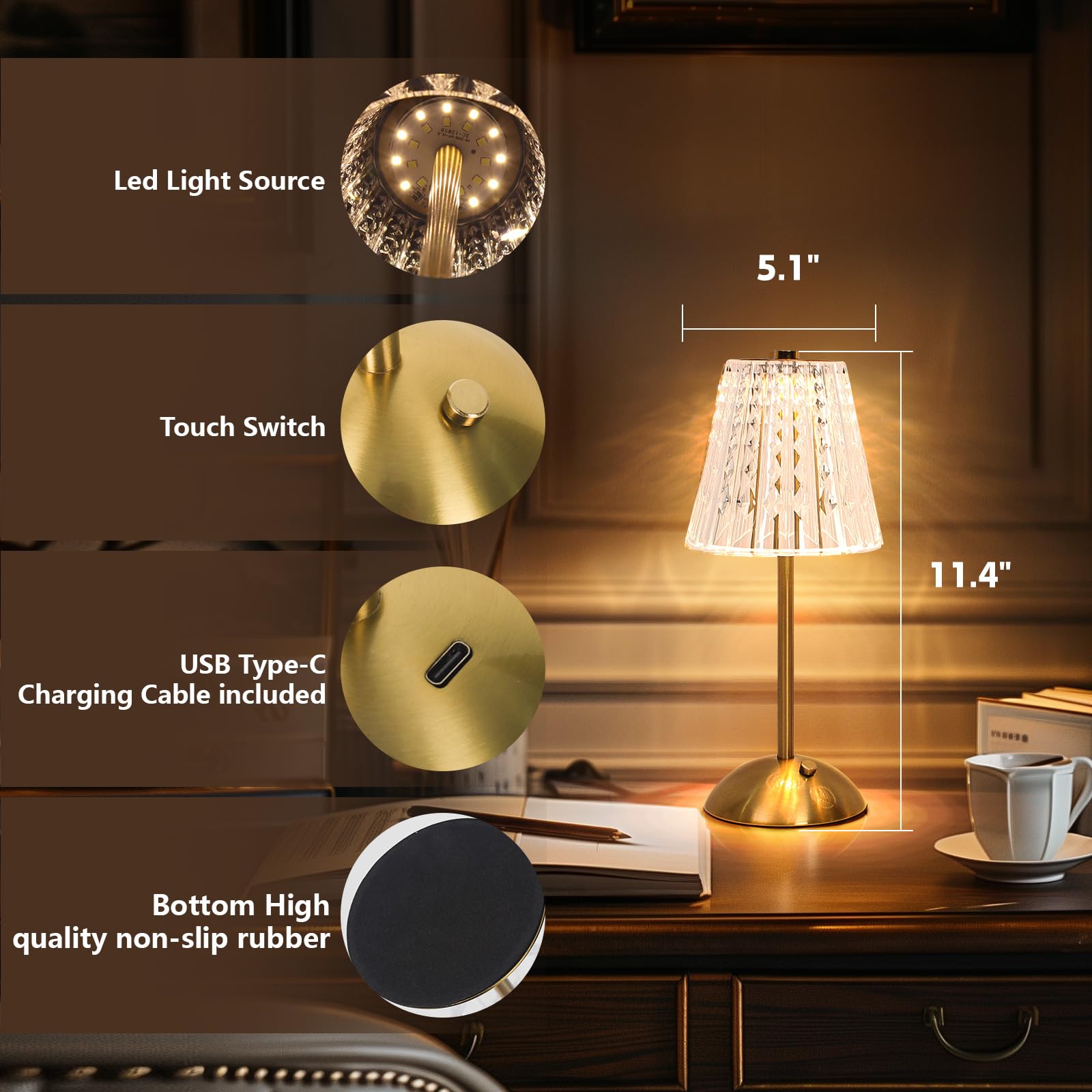 Gkeiten 2 Pack Cordless Metal Desk Lamp,Touch Sensor Control Led Table Lamp,3 Way Dimmable Nightstand Lamp With Cristal Shade De