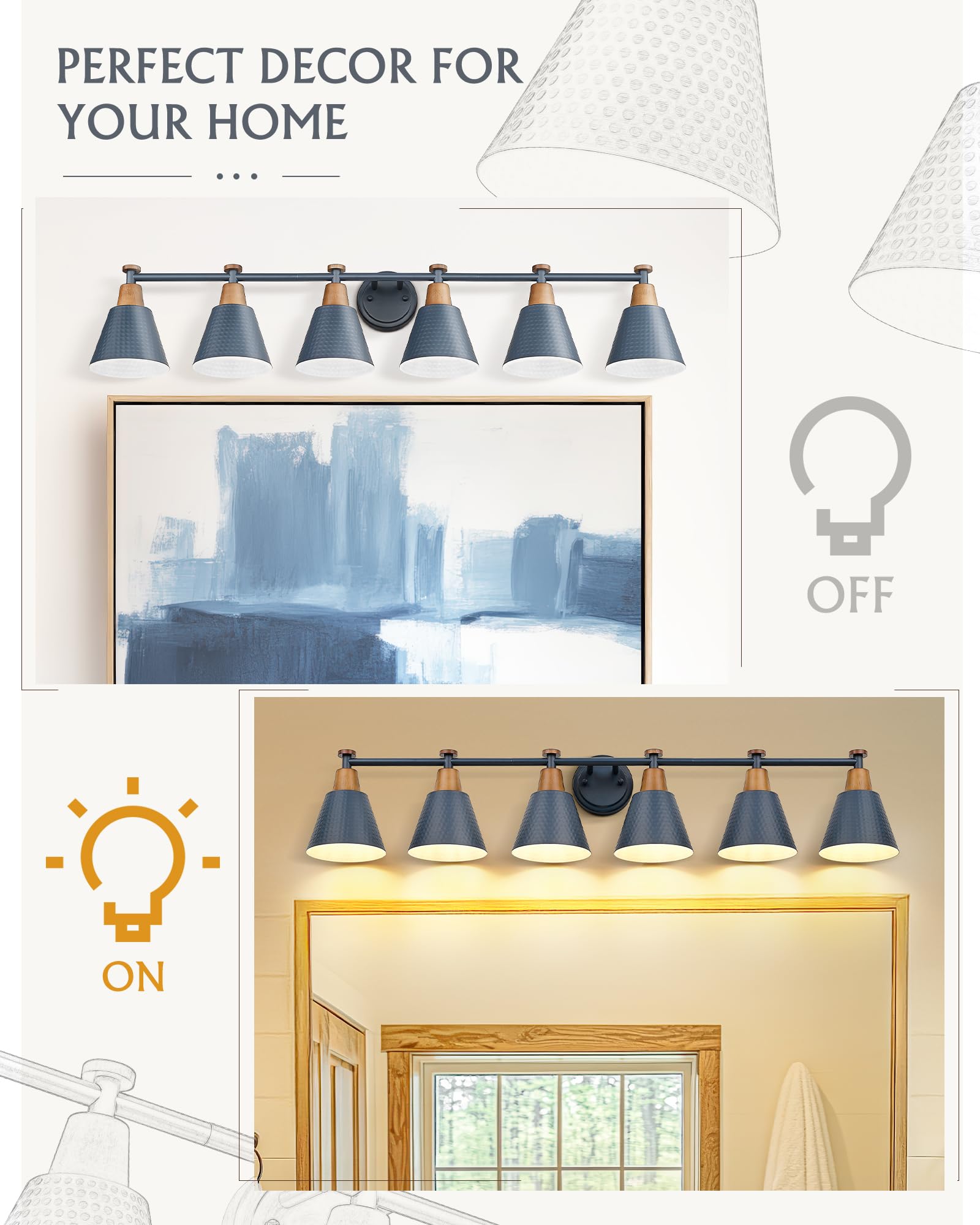 Femila Vintage Bathroom Light Fixtures, 45.3'' Bathroom Lighting Fixtures Over Mirror, 6 Light Bathroom Vanity Light, Blue Finis