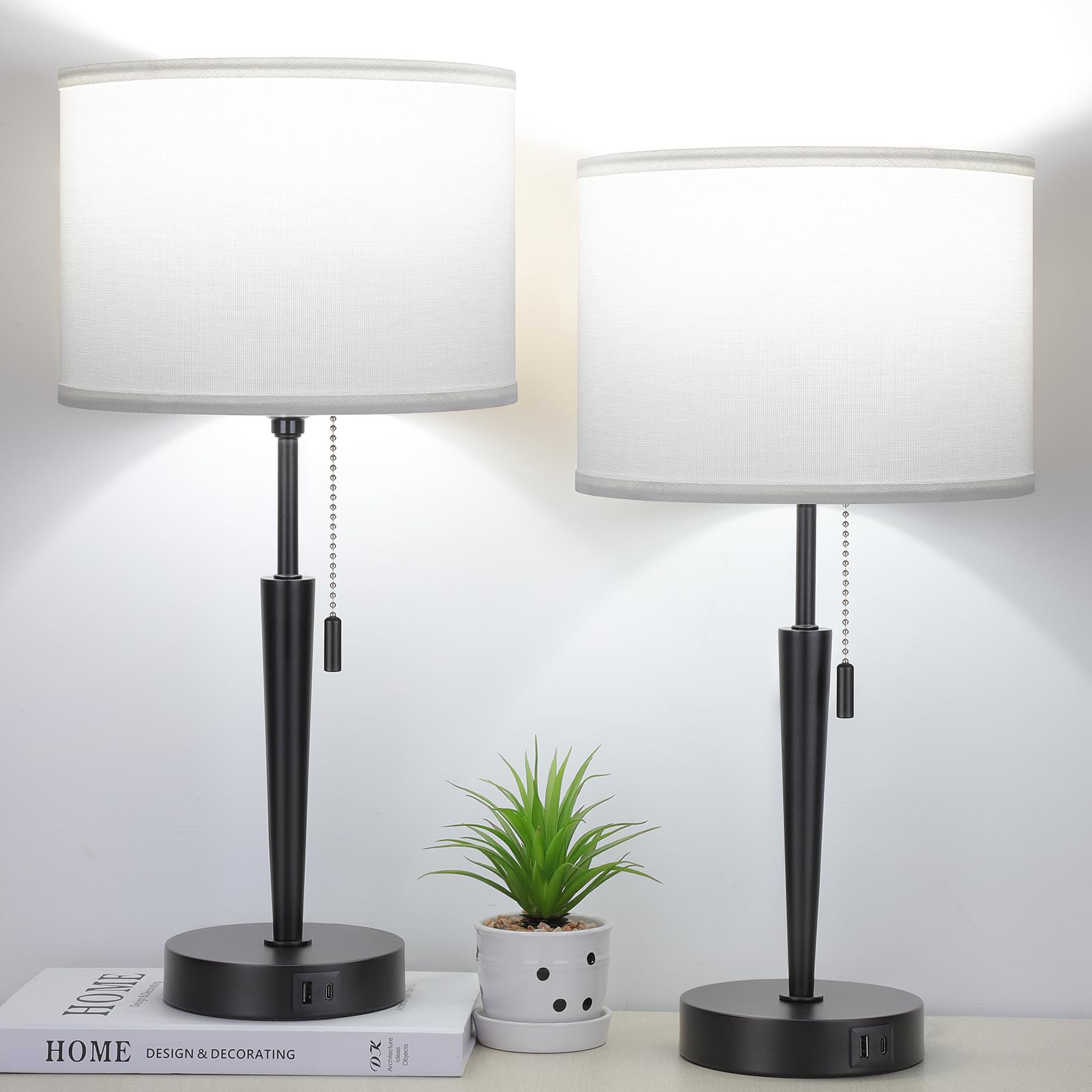 GGOYING Set of 2 Nightstand Lamp,Pull Chain Bedside Table Lamp with USB C+A Charging Ports,5000K LED Bulbs,White Fabric Lampshad