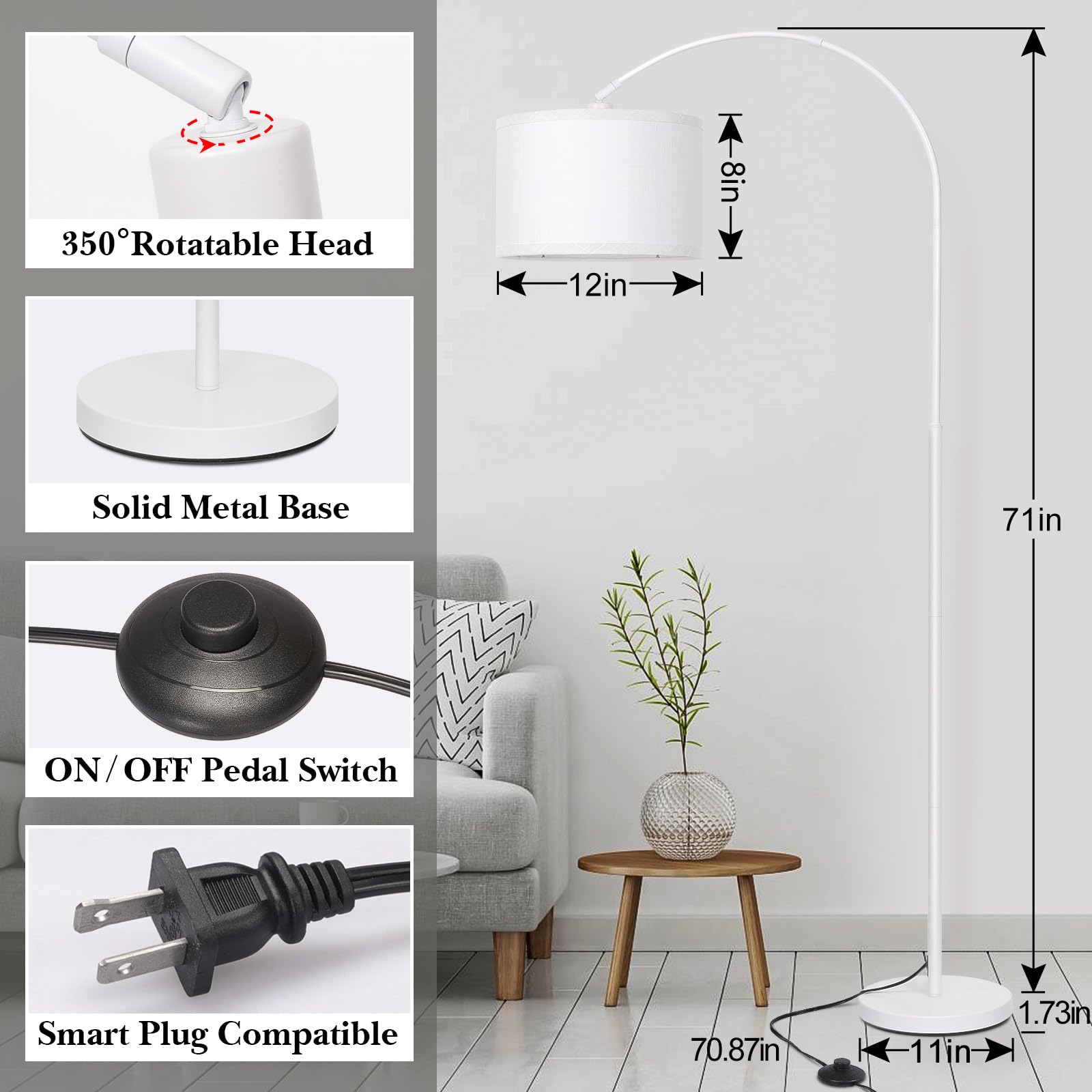 White Arc Floor Lamp, Modern Floor Lamp For Living Room With Adjustable Lamp Head, Tall Pole Standing Lamp With On/Off Pedal Swi