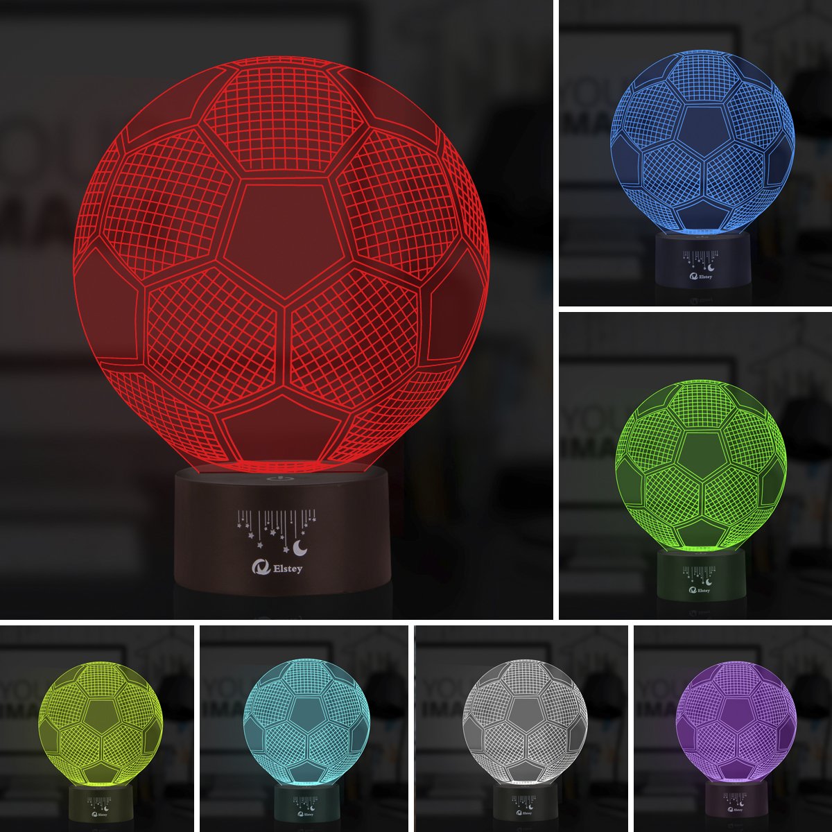 Elstey 3D Soccer LED Night Light, 7 Color Changing, Acrylic & ABS, USB Charger, Model 1CFVW331