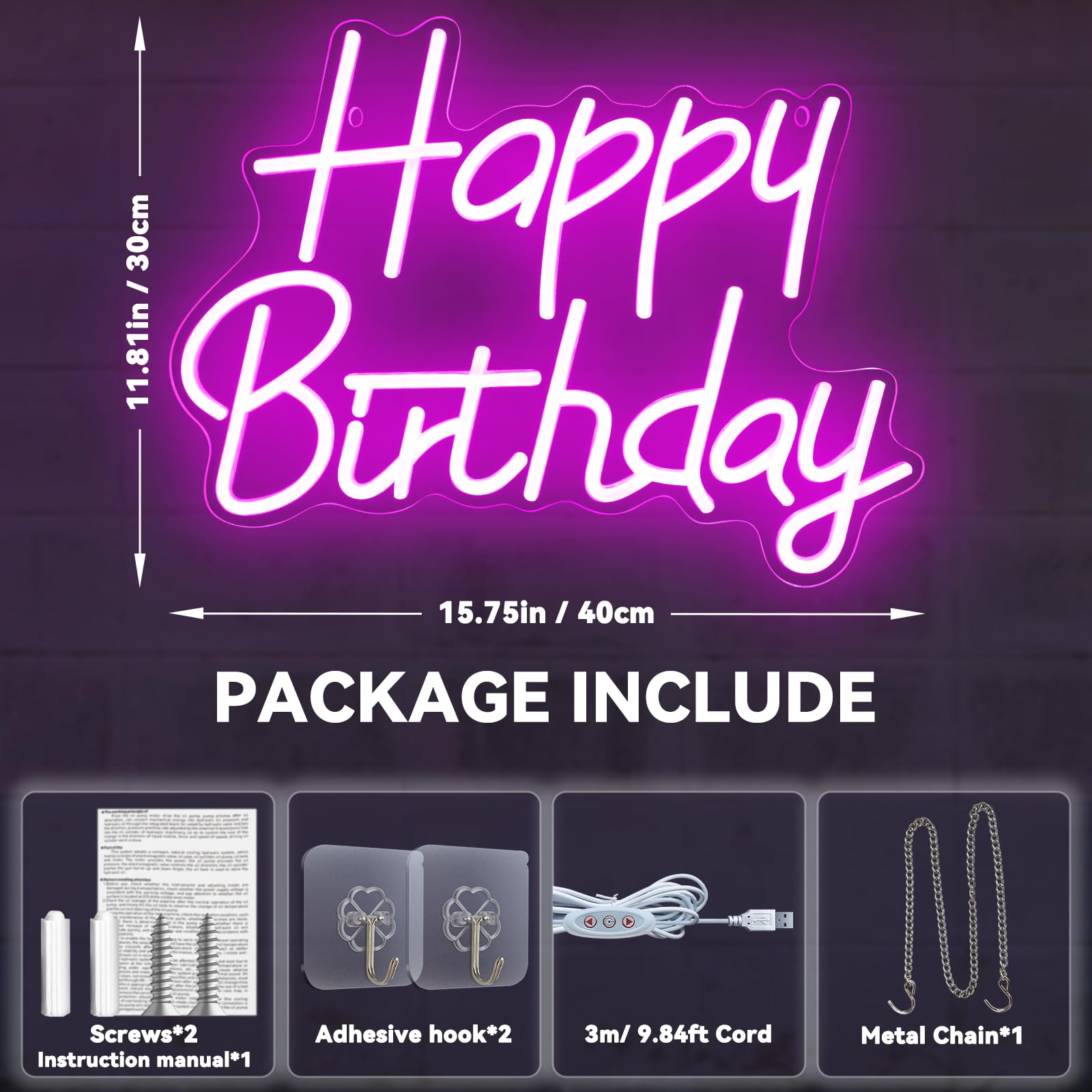 AYwYyjCh Happy Birthday Neon Sign LED Light Dimmable Wall Decor 11.8inx15.7in Warm White Acrylic