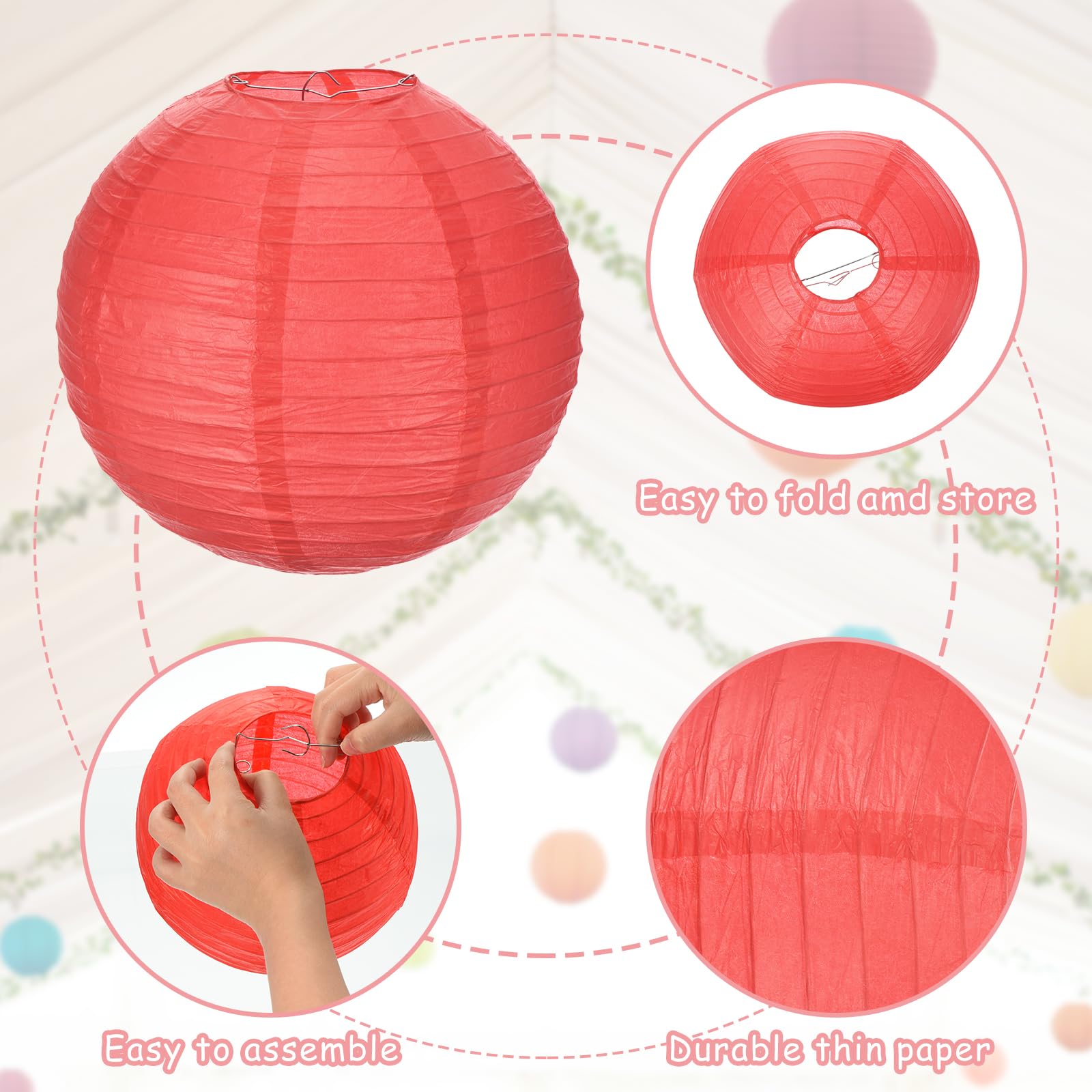 Meccanixity 6Pcs Paper Lanterns Decorative, 6'' 8'' 12'' Red Round Hanging Lantern Chinese Lanterns For Home Decor, Birthday, We