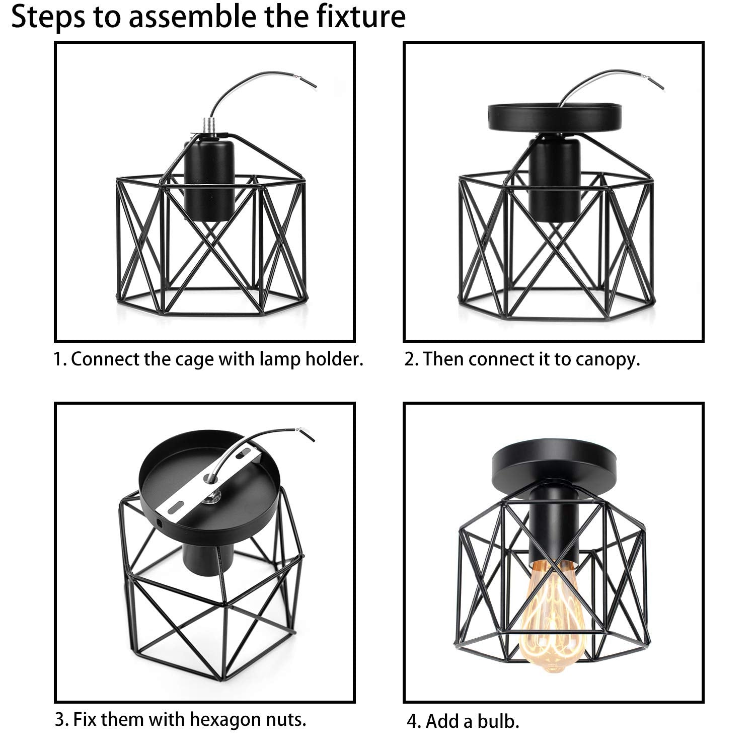 Hedume Semi-Flush Mount Ceiling Light, Black Industrial Pendant Fixture, E27, for Hallway, Stairway, Bedroom, Kitchen