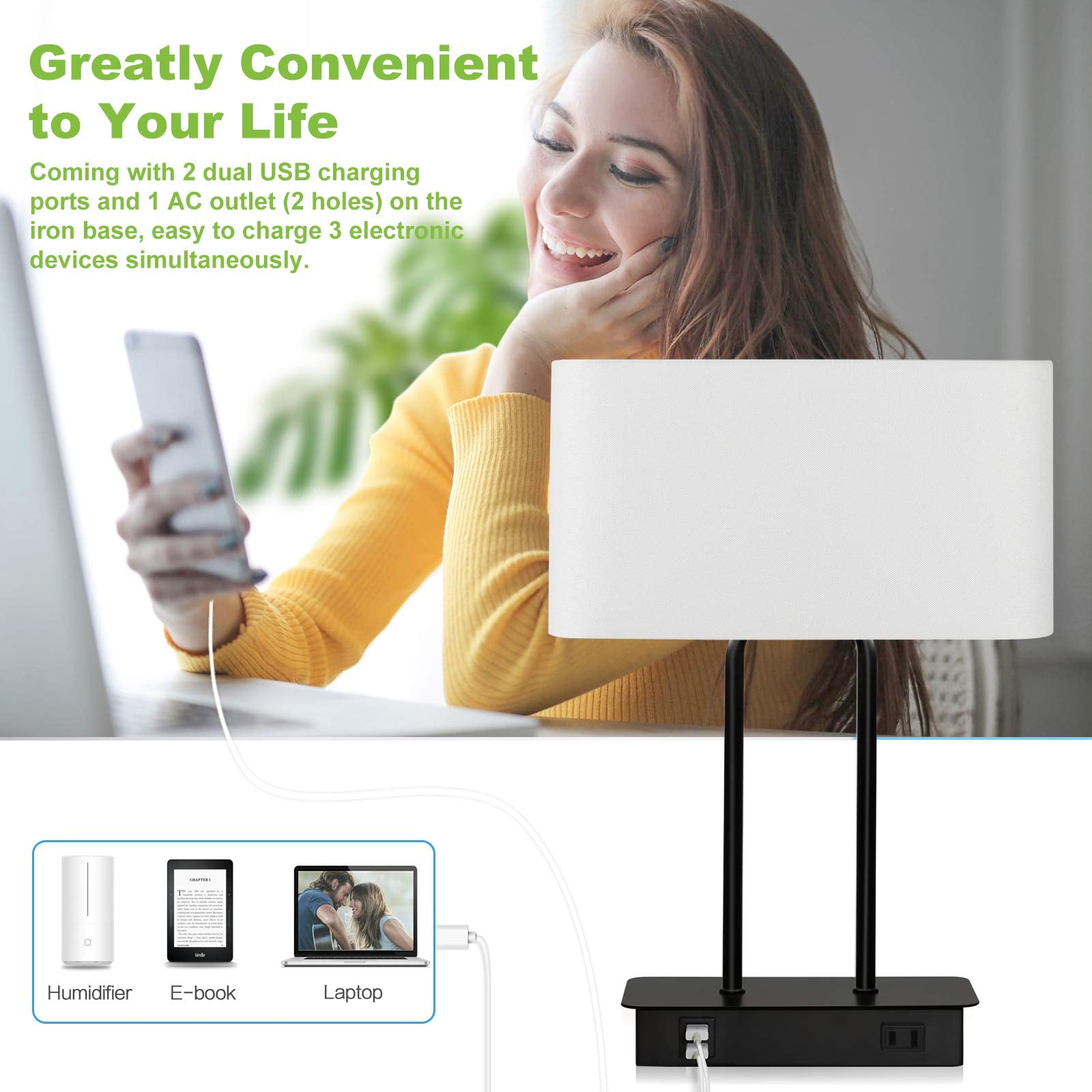 Lakumu Bedside Touch Control Table Lamp, 3-Way Dimmable, White Fabric Shade, Dual USB Ports, AC Outlet, Model T0327 BK+WH 50