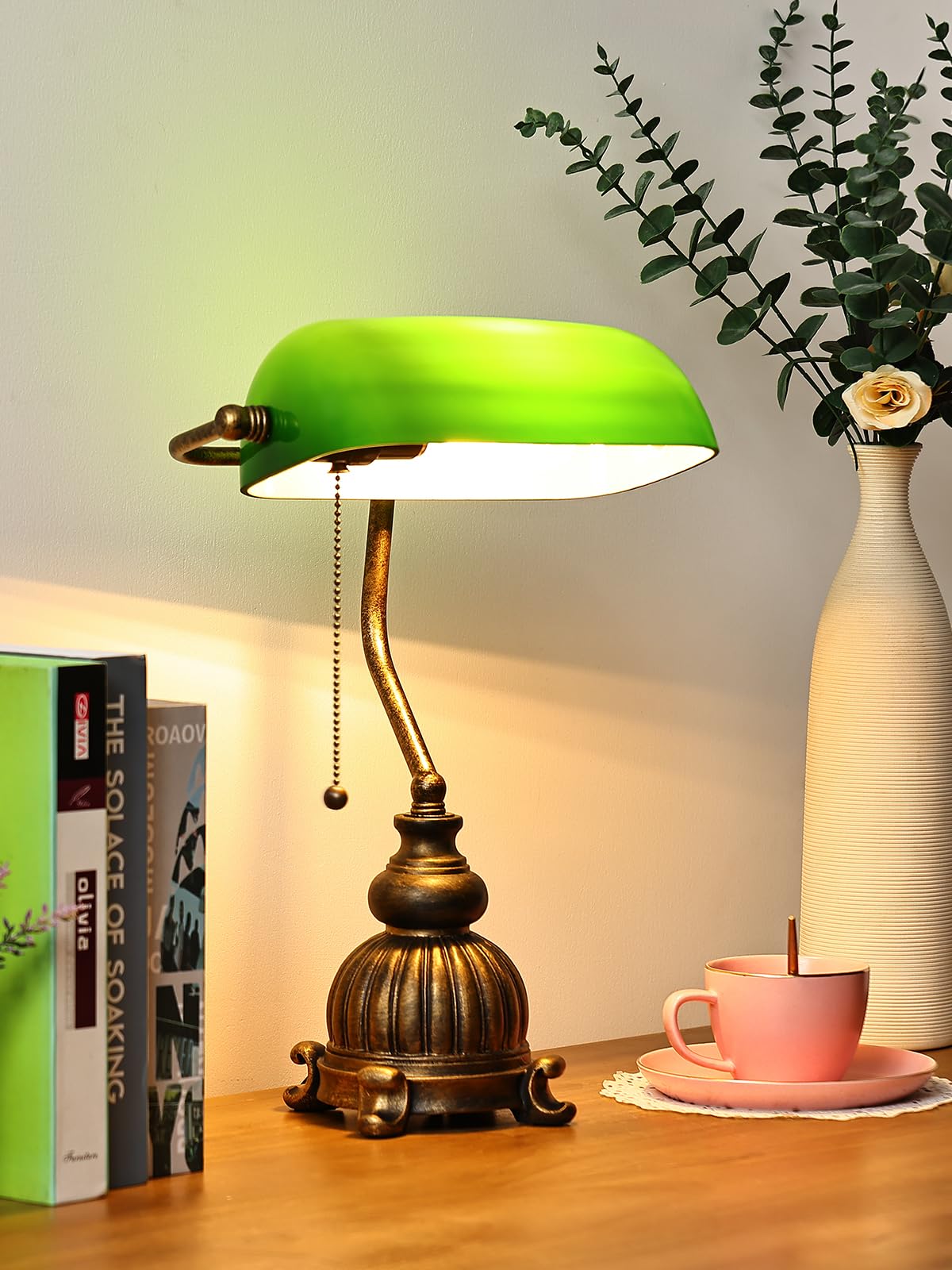 Newrays Vintage Green Glass Bankers Desk Lamp, Antique Green, LED Bulb, Pull Chain Switch, Model T906SZ-3