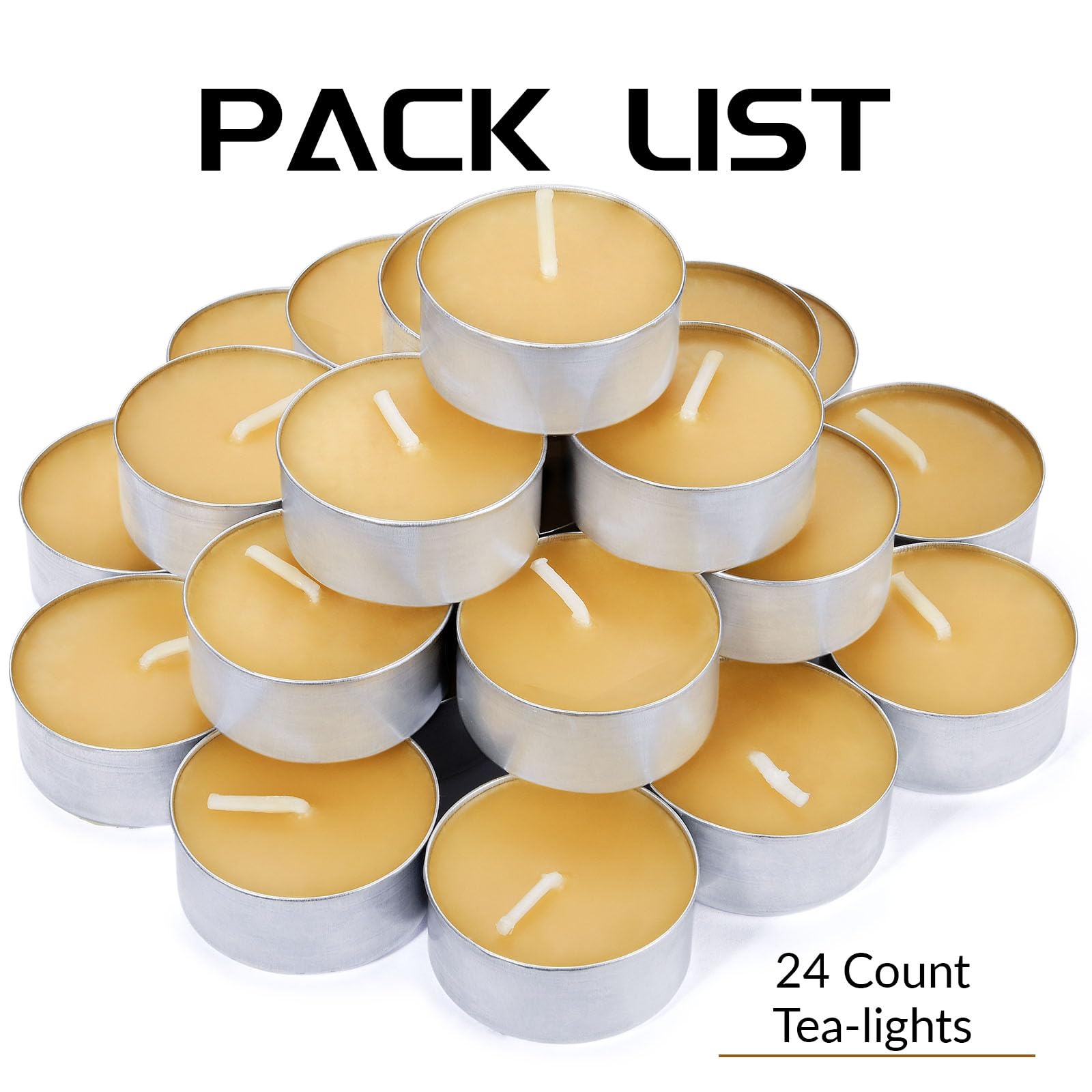 Natural Beeswax Tealight Candles In Metal Aluminum Cup - Organic Mini Candle Natural Scent Smokeless 4-5 Hours Long Burning - Yellow, Pack Of 24