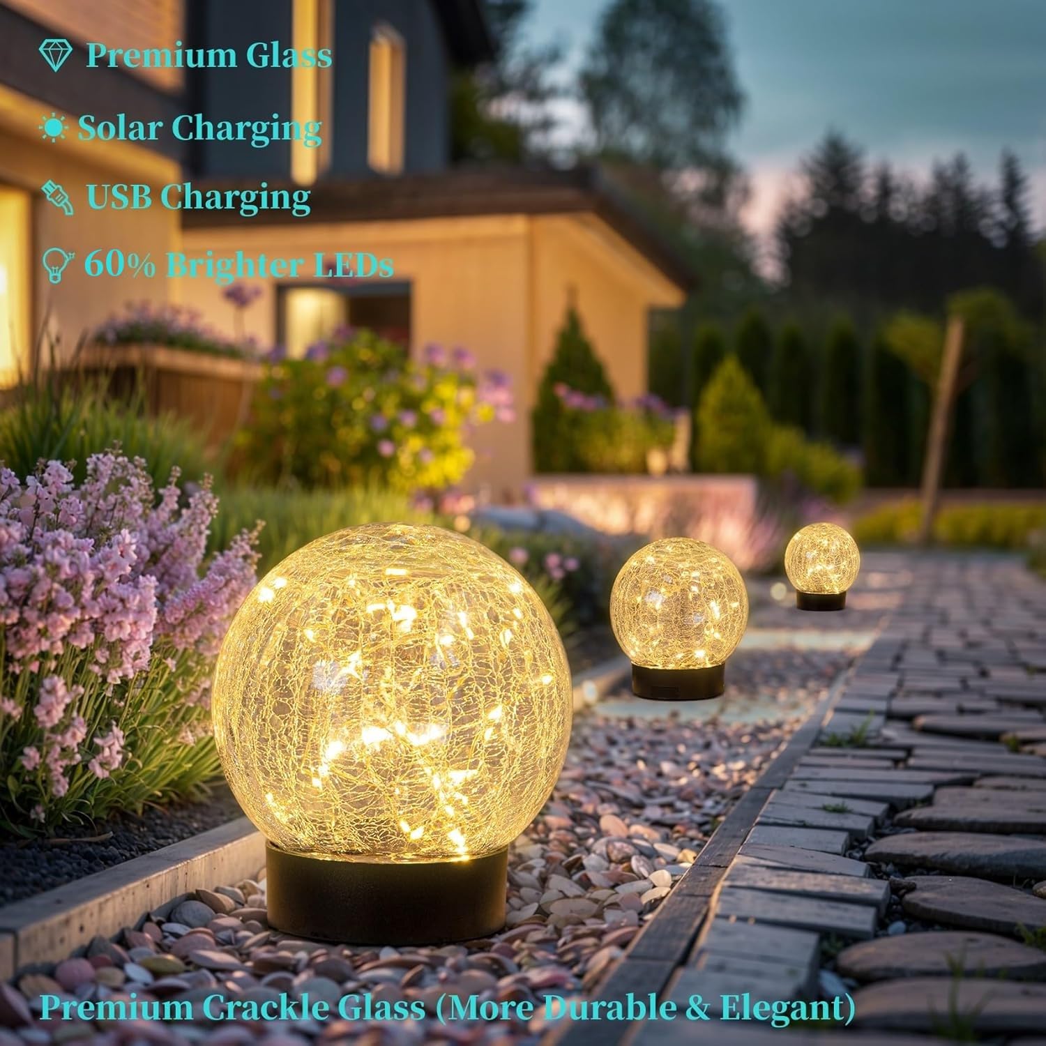 Beautyard Solar Globe Lights Outdoor Large Garden Decor Usb Charged 4.72'' Diameter 40Led 1000Mah Solar Lights Cracked Glass Glo