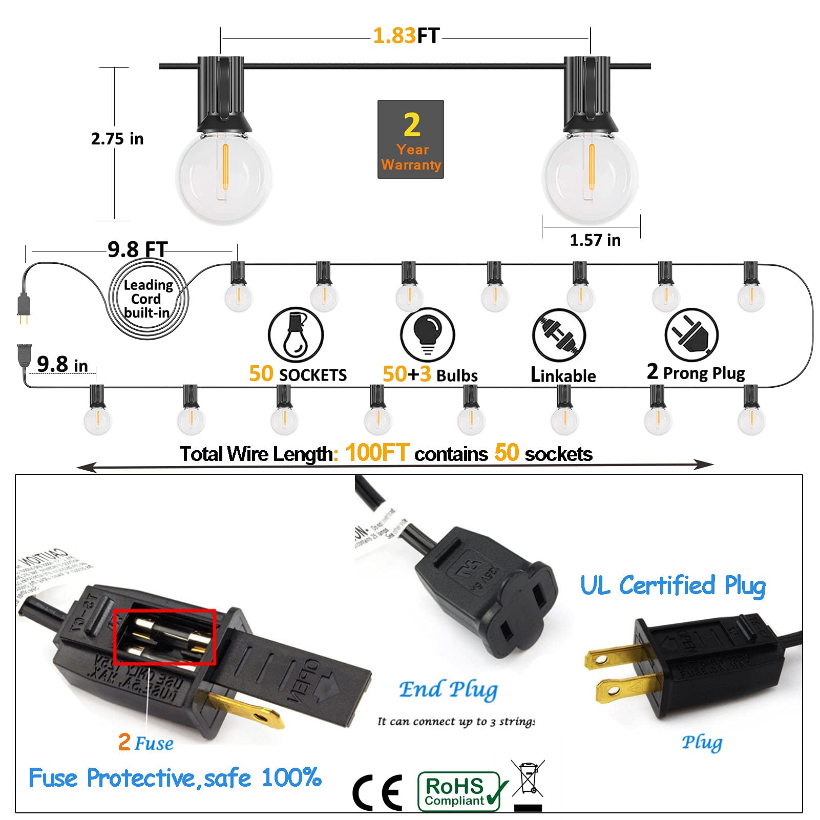 Meidaoduo 100Ft Led String Lights Outdoor Waterproof G40 Globe String Lights With 52 Shatterproof Bulbs(2 Extra), Dimmable Conne