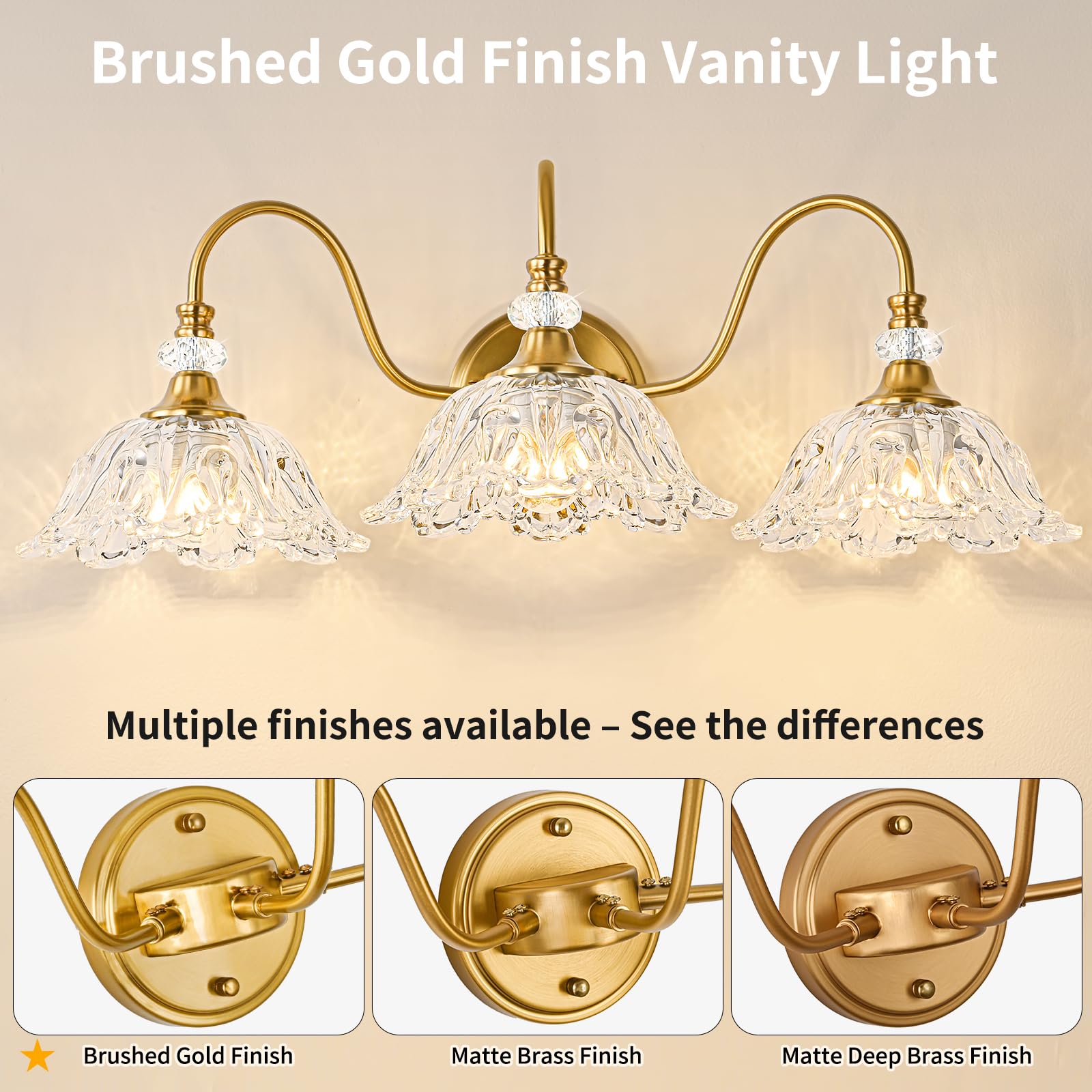 sunkryster 3-Light Gold Bathroom Vanity Light, Brushed Gold Finish with Floral Clear Glass Shades, Model Sun-104AB-3-Gold