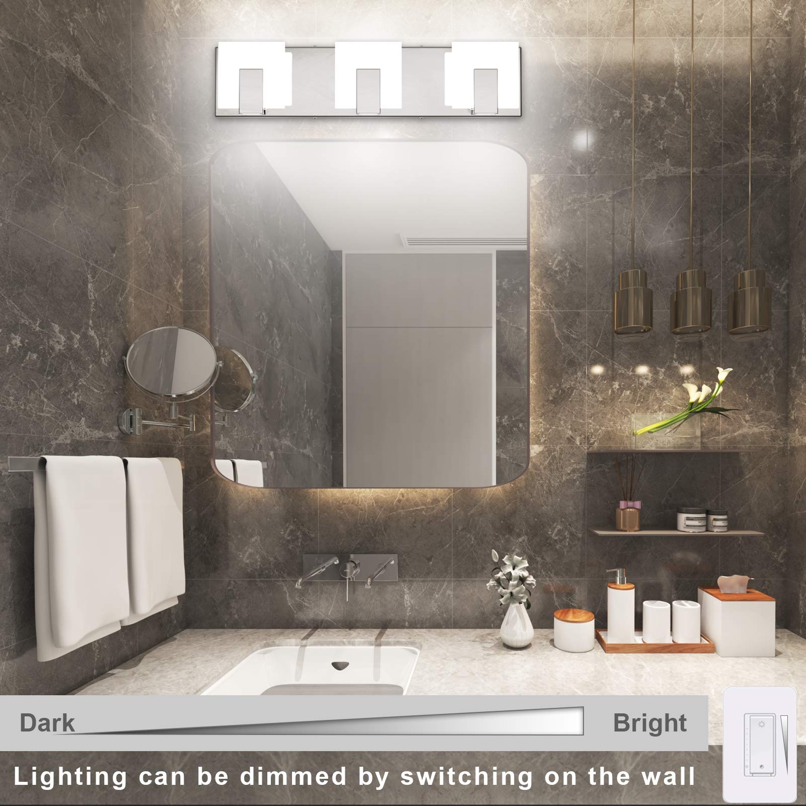 Aipsun 3-Light Dimmable Led Vanity Light, Frosted White Acrylic & Chrome, Model Ca-1105-3T-D, 6000K For Bathroom Over Mirror
