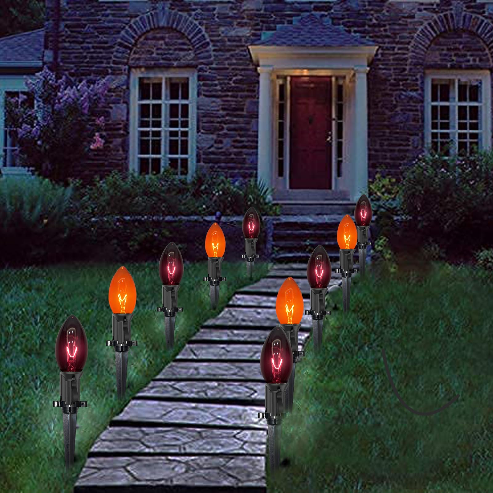Konictom Halloween Pathway Lights, 10 Pack C9 Orange/Black Stake Lights, Waterproof 19.5Ft