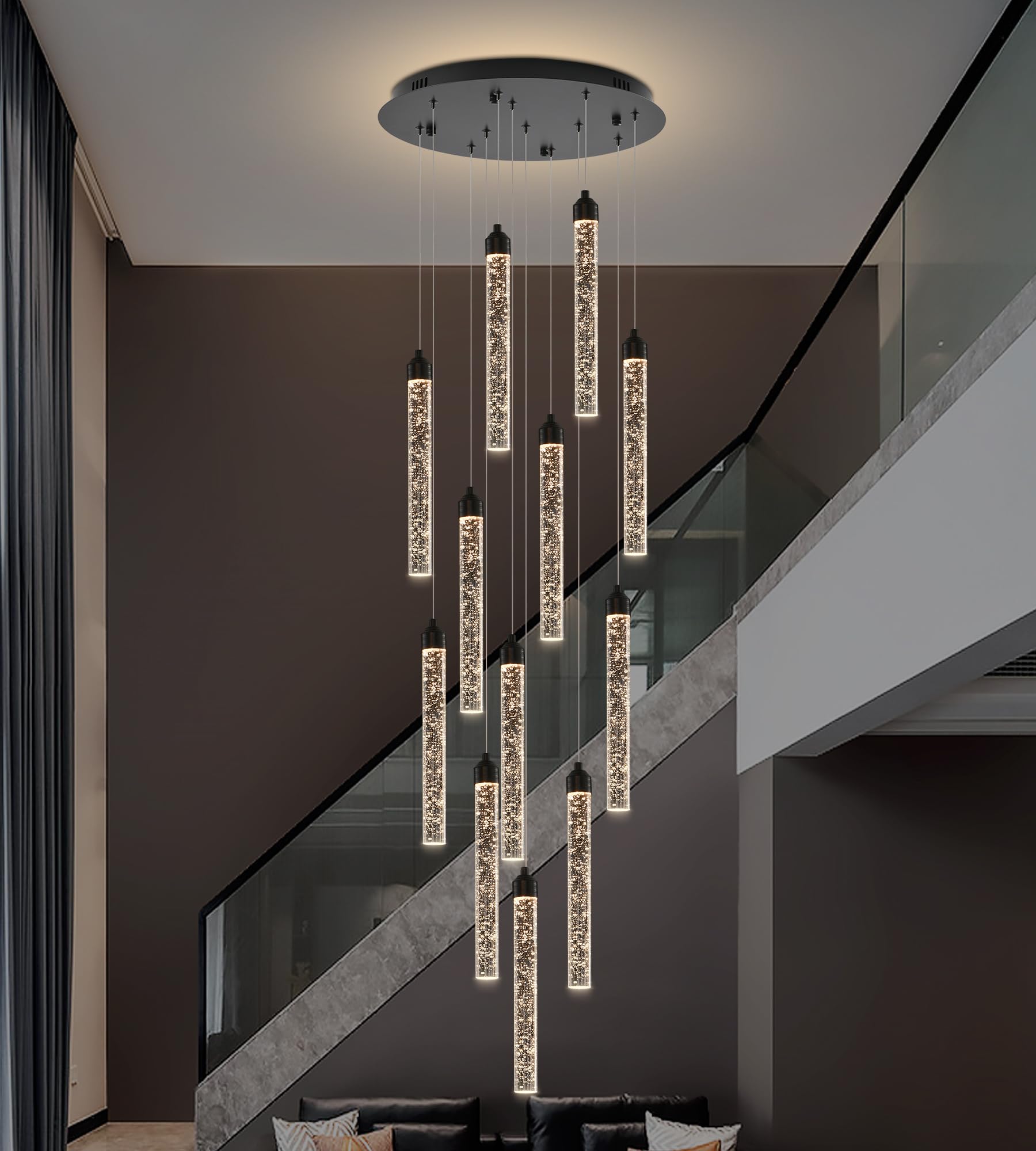 YwueChwu 12-Lights High Ceiling Crystal Staircase Chandelier Black, Modern Spiral Raindrop Dimmable LED Bubble Cluster Ceiling H