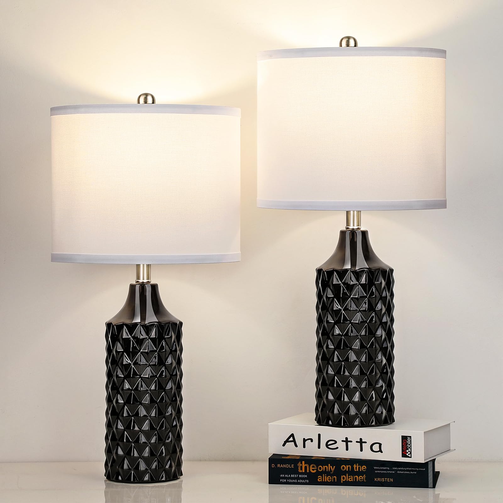 Qingmiao Ceramic Table Lamps Set Of 2, 25&quot; 3-Way Dimmable Black Nightstand Lamps, Bul