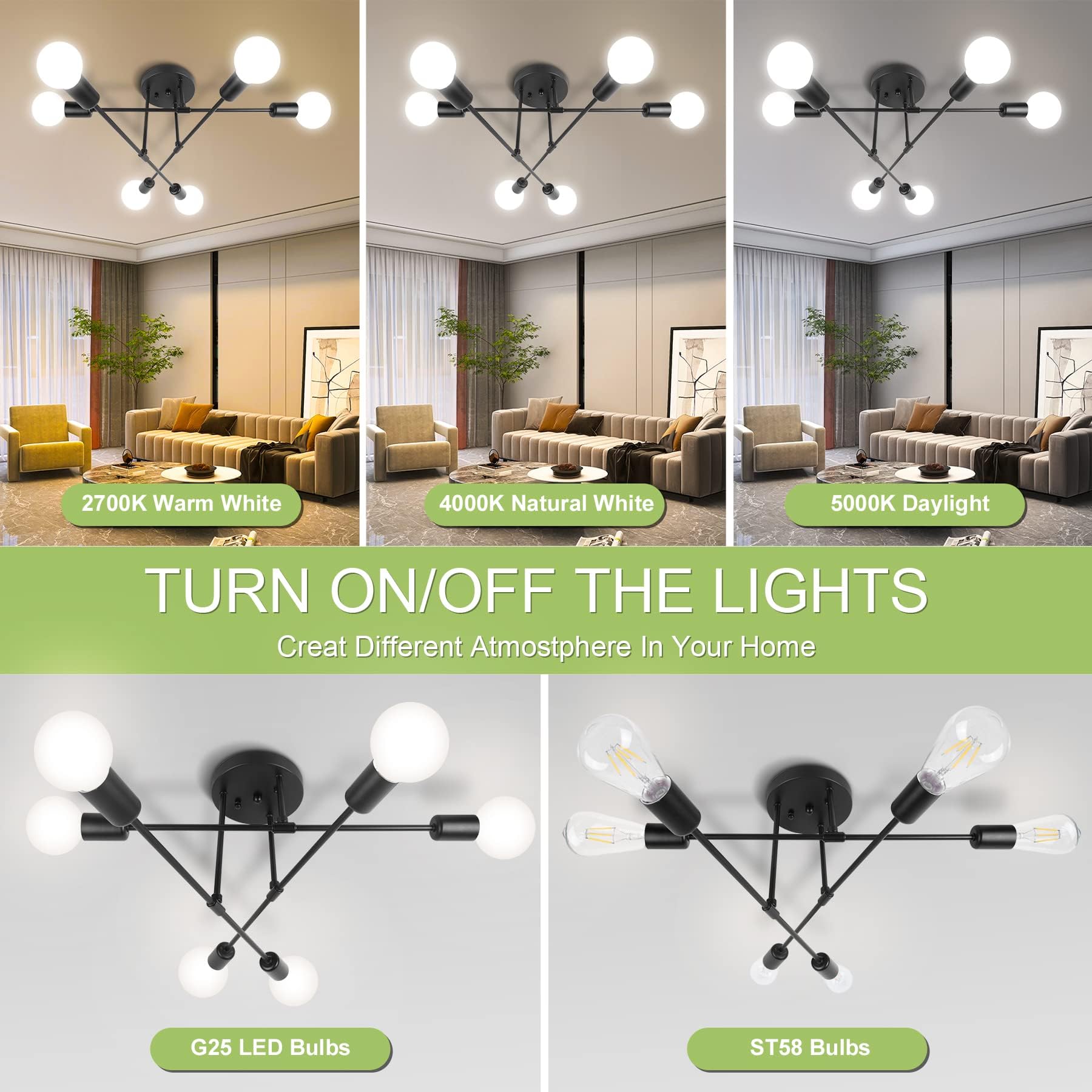 CANMEIJIA Modern Sputnik Chandelier 6-Light Ceiling Fixture A-6-Light Black CMJ-6L-B-01