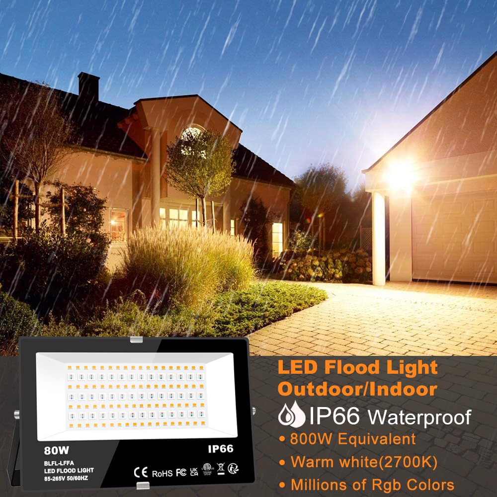 MELPO LED Flood Light Outdoor, 800W Equivalent, 8000LM, Smart RGB, IP66 Waterproof, 2 Pack, Black, Model BLFL-LFFA