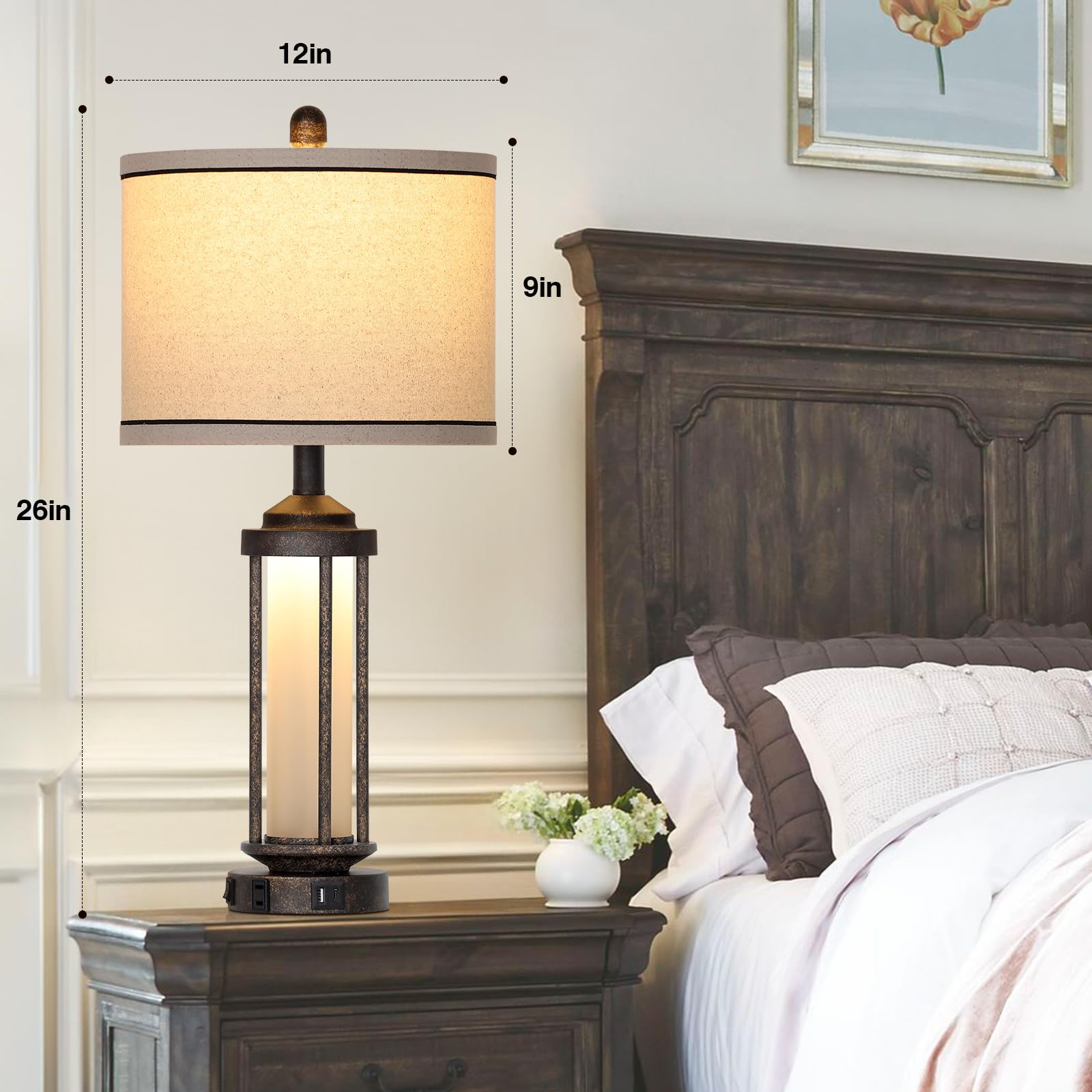Rinweey Farmhouse Table Lamp, 27'' Vintage Rustic Retro Beside Lamp With Usb A+C Charging Ports & Ac Outlet, Industrial Modern L