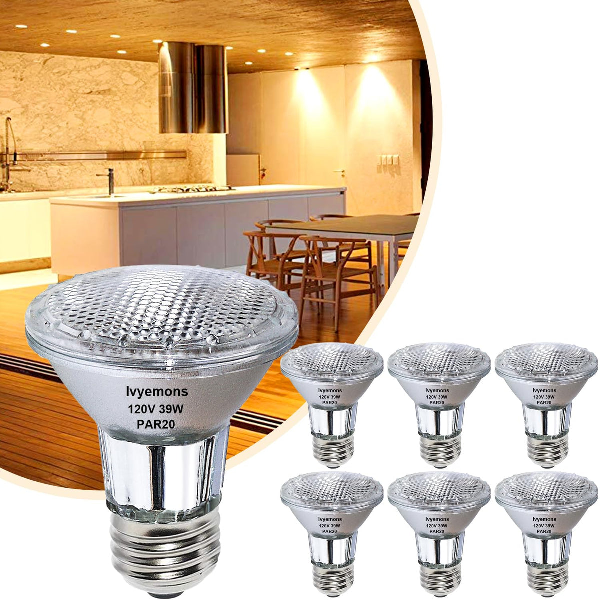 Ivyemons Par20 Flood 39W 120V 480 Lumens- 6 Pack Par20 Flood Light Bulbs With E26 Base, Par 20 Dimmable 2800K Warm White, Long L